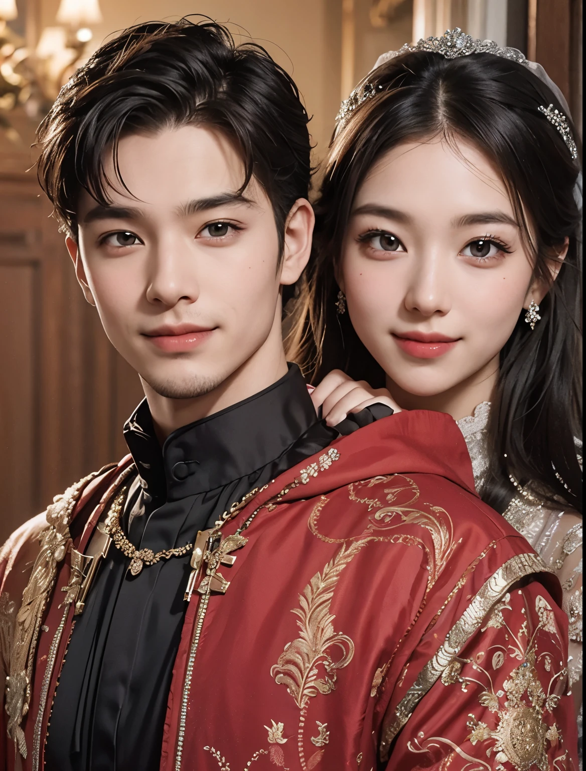 A handsome man and beautiful woman get married. Both are in their early twenties. The two looked at the camera with smiles on their faces.