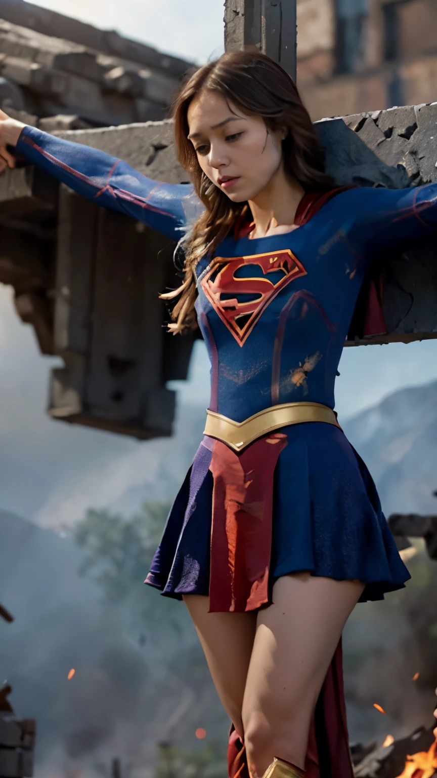 highest quality,masterpiece,UHD, Super detailed, 8K,(Beautiful woman),(一人のBeautiful woman),((crucifixion:1.5)),((cross)),(execution),((incontinence)),scared,torture,slave,((crossにcrucifixionにされた女性:1.5)),crucifixion刑,((supergirl:1.5)),blue suit,Superman logo on chest,red skirt,red boots,((torn costume:1.5)),((Tearing of clothes:1.5)),(tattered clothes),Beaten face,顔にtraces of being beaten,((bruises on body)),scars on body,injured face and body,(Bruise, dirty, torn clothes, revealing clothes, Blood:1.3),traces of being beaten,Defeated heroine,a devastated world,ruins,abandoned building,(burning at the stake),((roasted over fire:1.2)),inflammation
