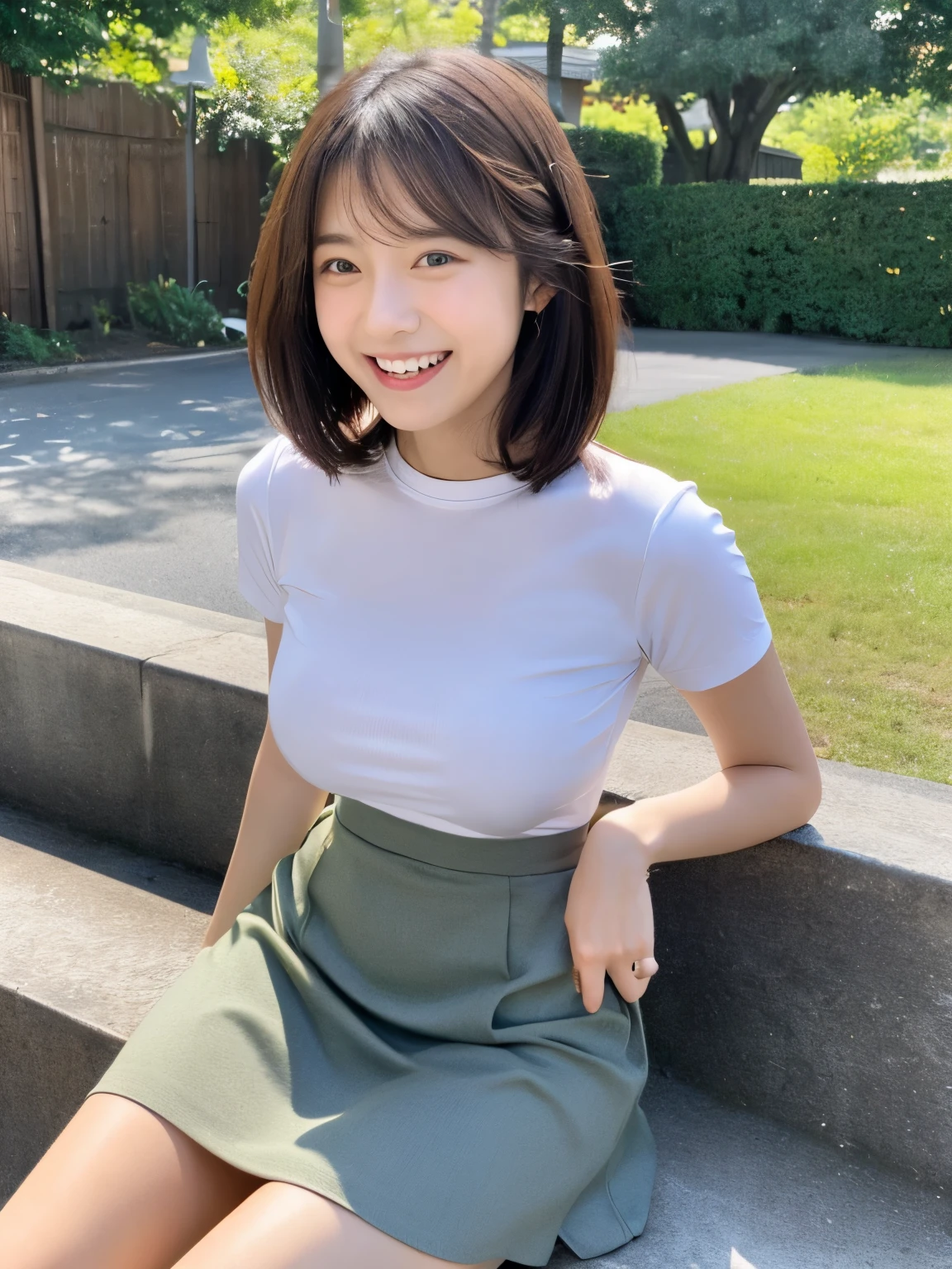top-quality、Super Detail、body turned sideways、Looks Back、Tight shirt、tight skirts、a short skirt、You can see up to the feet、skinny thigh、perfect hand、perfect foot、Perfect body、Sexy Shots, Photorealsitic, 8K、The outer chest is visible、no-bra、Ordinary chest、Beautiful body lines、being thin、shorth hair、cleavage of the breast
