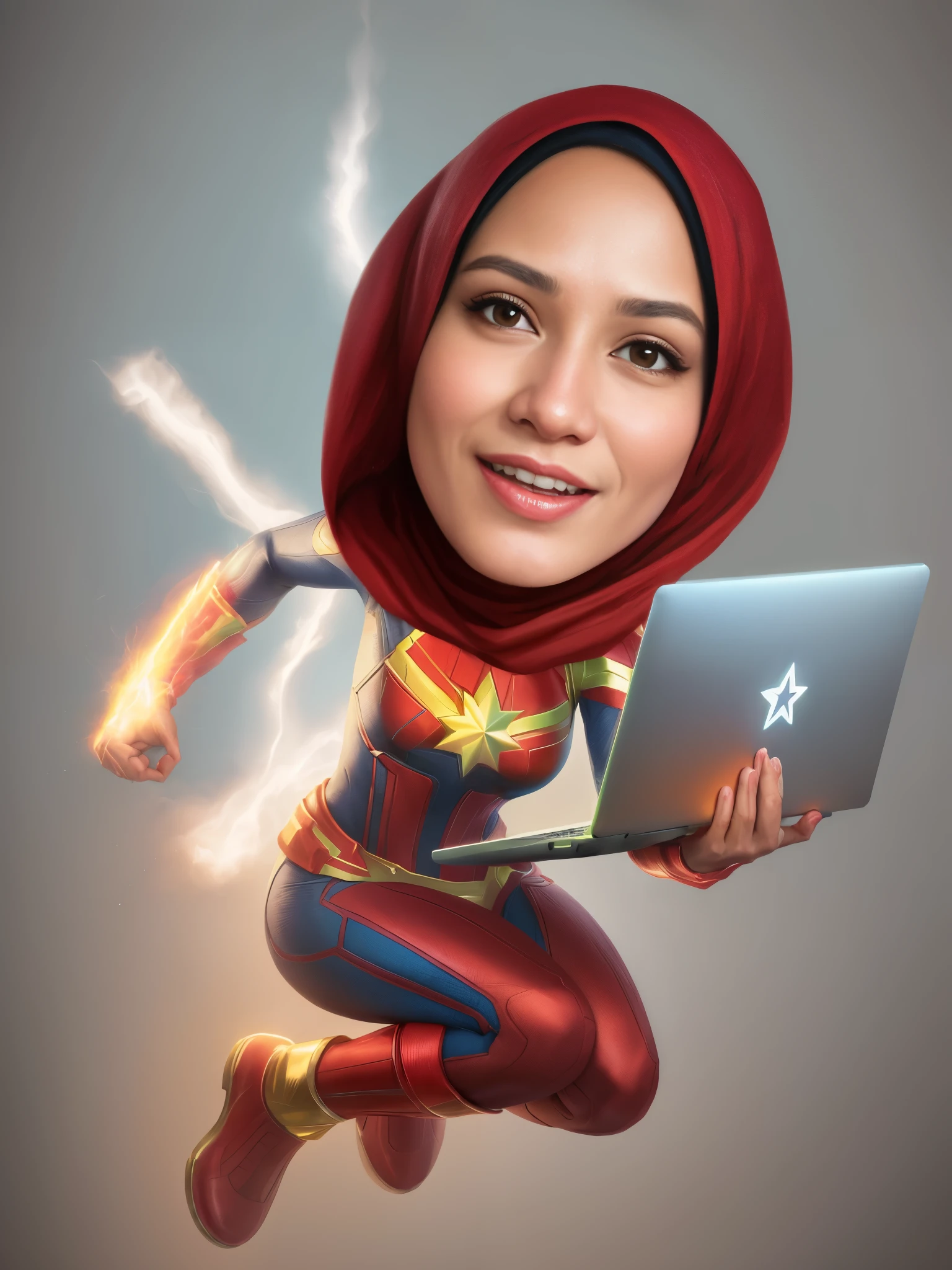portrait of a hijab woman, wearing a captain marvel costume and holding a laptop, releasing her powers, superhero, caricature illustration, in cartoon style, caricature style, portrait, realistic cartoon, cartoon art, an Indonesian portrait, caricature, digital art cartoon, portrait , cartoon art style, family, cartoon style illustration, realistic portrait 