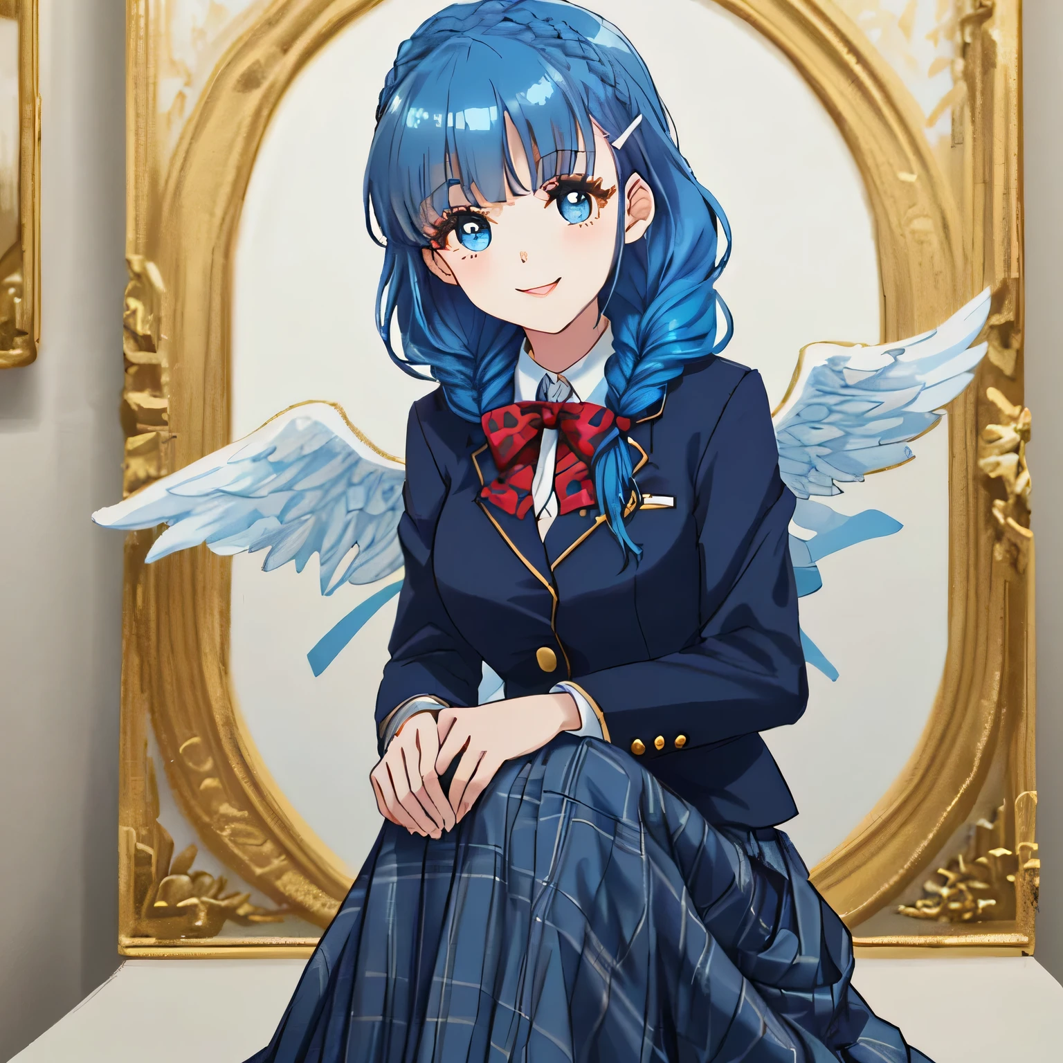 highest quality, (masterpiece:1.2), very detailed, Standing figure of a girl looking and smiling, Glossy lips that make you want to kiss, nice smile, (((Very cute big blue eyes and detailed details)), (((blue hair))), , long braids, big shiny hair clip, school uniform, Dark blue and navy plaid skirt, white shirt, Luxurious navy blazer with a golden patch on the left chest, big school ribbon tie, very shiny hair、laughter、bright look、Your face and hair shine in the light, The corners of the eyes are drooping, Cute braids, I&#39;m so happy I can jump up, The expression of a maiden in love, (((Twin braided hair))), The long skirt fabric has a beautiful deep blue checkered pattern.., A gentle and cute expression staring at the viewer, double eyelid, ((long eyelashey lower eyelashes are also long)), ((Knees are hidden by skirt)), surrounded by angels