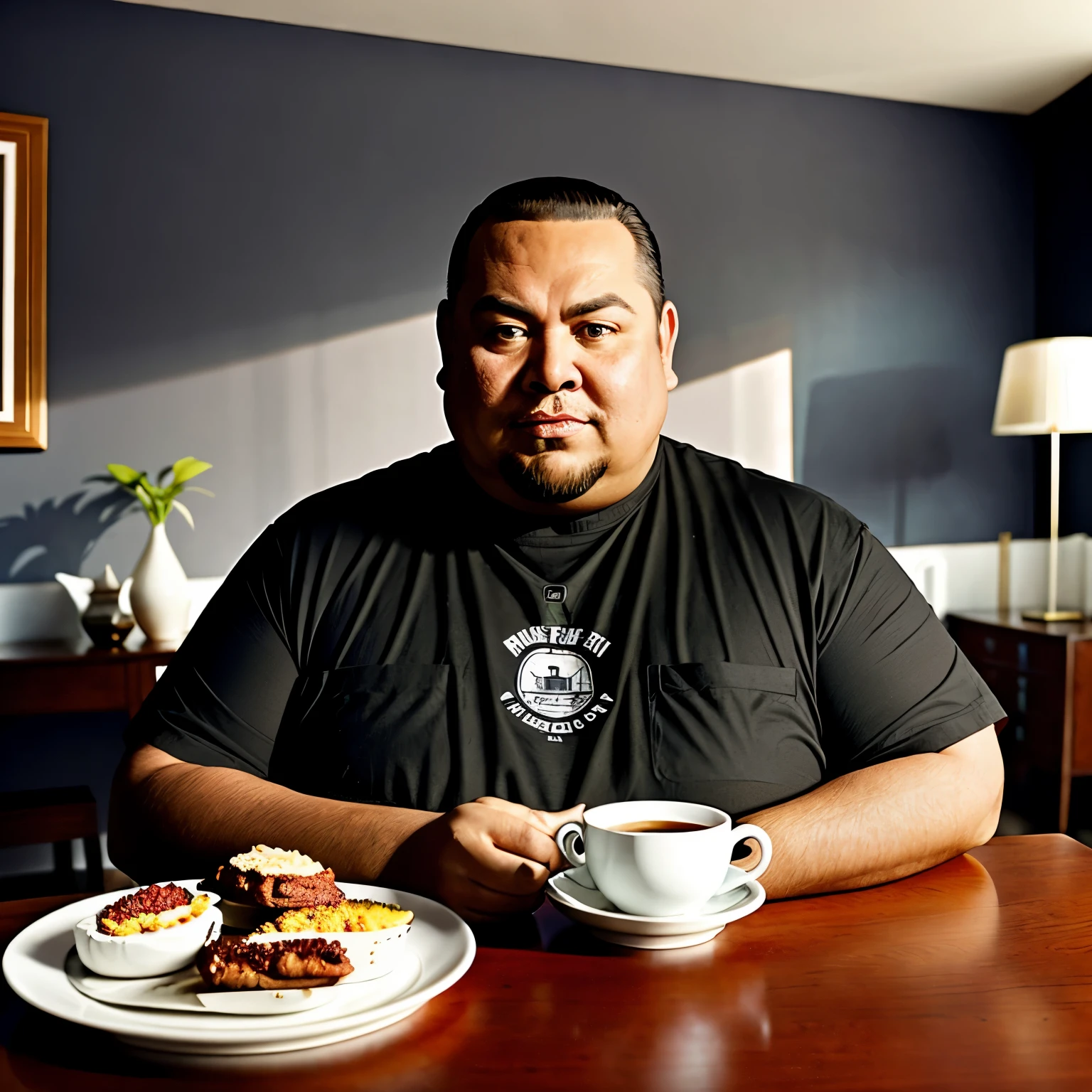 there is a fat man make eye glass sitting at a table with a plate of food and a cup of coffee, inspired by Rudy Siswanto, inspired by Altoon Sultan, ‘raya and the last dragon’ etc, realistic fantasy render, inspired by Ismail Acar, portrait shot, artwork in the style of guweiz, by Rudy Siswanto, realism art