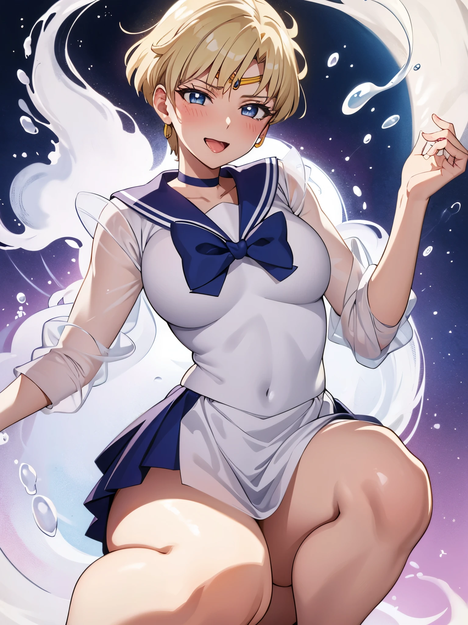 (masterpiece), highest quality, expressive eyes, perfect face, open your mouth, cum on tongue, cum in mouth, tongue, tongue out, short hair, blush, smile, Ahegao, big breasts, short hair, Sailor Moon Uranus, blonde, blush, Sweat、Soak a large amount of white slime please open your legs please bend your knees Pee Clear yellow liquid flowing from the crotch Sweatでいっぱい Clothes are wet and transparent The surrounding area is full of white slime, cloudy liquid pool full of white slime white slime dripping from above