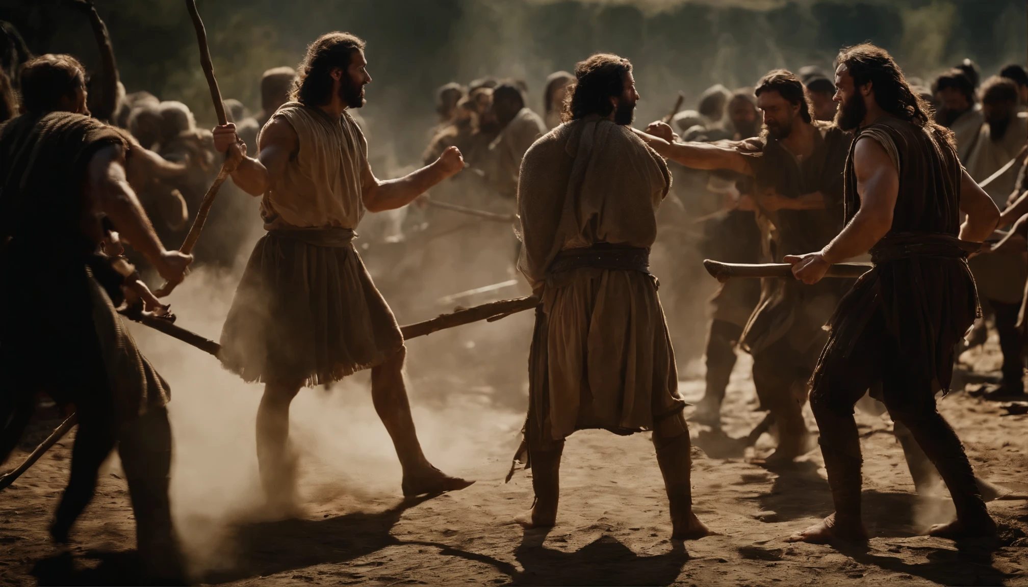 there is a group of people fighting each other, some with sticks and others with stones in their hands biblical epic detailed scene, A.C