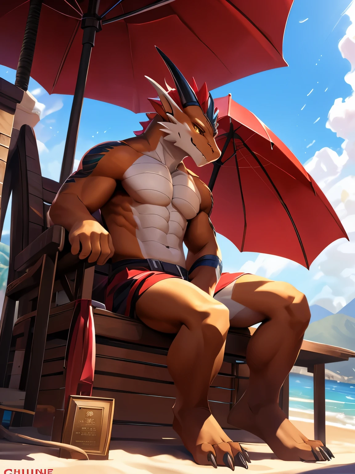 WarGreymon, Digimon,Dragon Man,male,adult,4K,best quality,alone,crawler,lying down,lie down,no equipment,no clothes,no costume,no armor,hands clear,Naked all over the body,red chest hair,looking at the audience,dragon tail,slim body,chest muscles, Pink nipples, Six-pack abs,biceps, anatomically correct,,pride,soft shadow,Majestic detailed face,High quality eyes,Green eyes,black pupils,Grandiose,Valiantary,Smile confidently,Strong,mature,thong,Blue sky and white clouds,The sun shines,seaside,