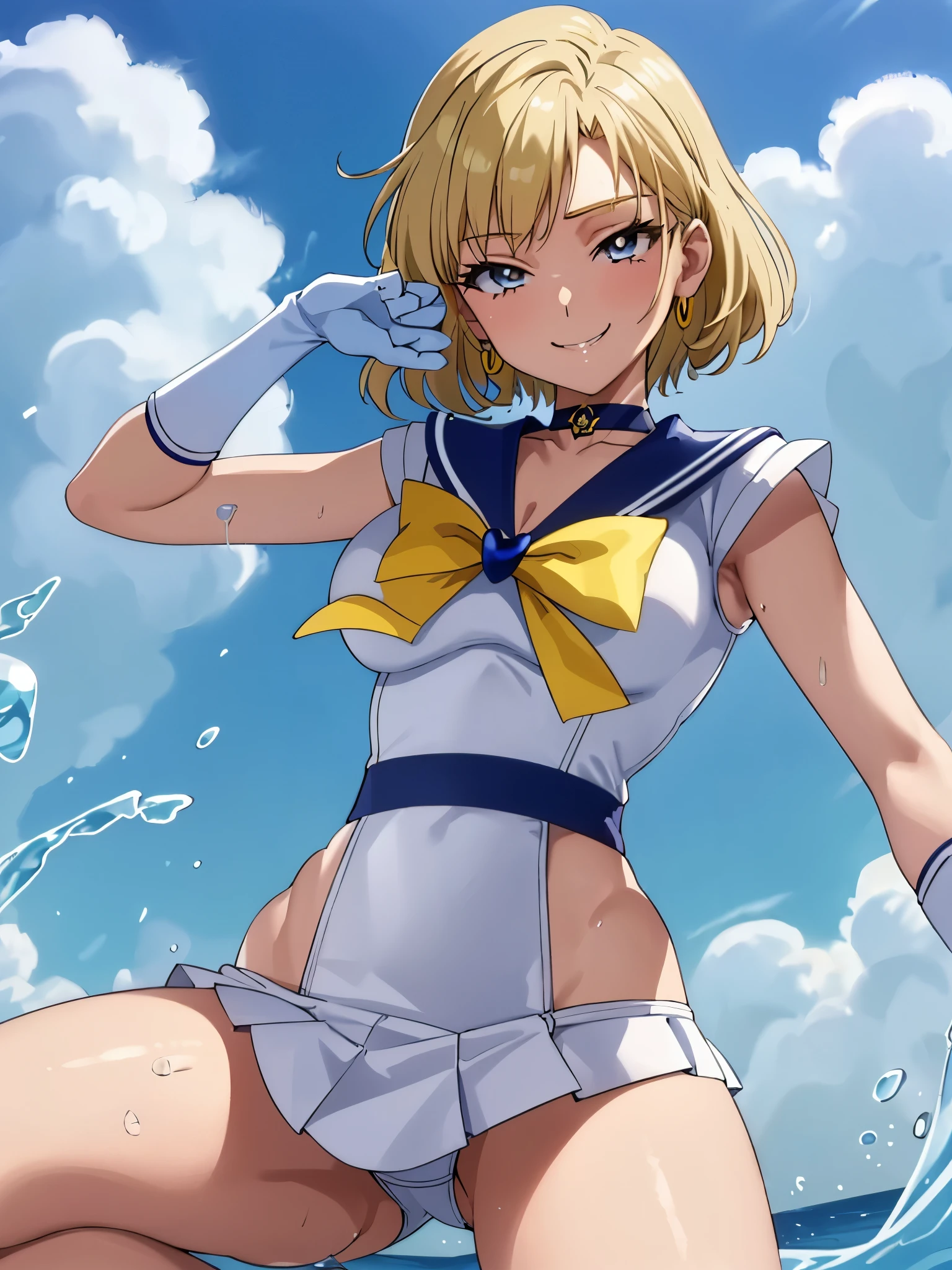 (nfsw, +18, Erotic Anime Art )、(highest quality:1.1), (masterpiece:1.4), (absurd:1.0), Portrait, Close-up,
1, sailor uranus, KizukiAi,, big and full breasts, aqua eye, blonde hair, sailor warrior uniform, sailor collar, chest bow, yellow ribbon, charming skirt, white elbow gloves, by the pool, (Smile:1.2), looking at the viewer, erect nipples、show off panties、super mini skirt、micro panties、(dynamic pose:1.2)、(Downから見る:1.2)、、spread your legs.(NSFW:1.2)、(Down :1.2)、crotch focus、dynamic angle,Soak a large amount of white slime Pee Clear yellow liquid flowing from the crotch full of sweat Clothes are wet and transparent The surrounding area is full of white slime, cloudy liquid pool full of white slime white slime dripping from above