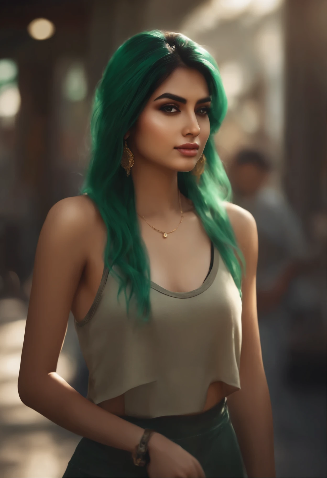 Indian girl with green hair highlights in tank top, long brown hair, in the style of hyper-realistic atmospheres, anime aesthetic, dotted, fenghua zhong, close up, light gold and dark emerald, 32k uhd --ar 9:16 --stylize 750 --v 6
