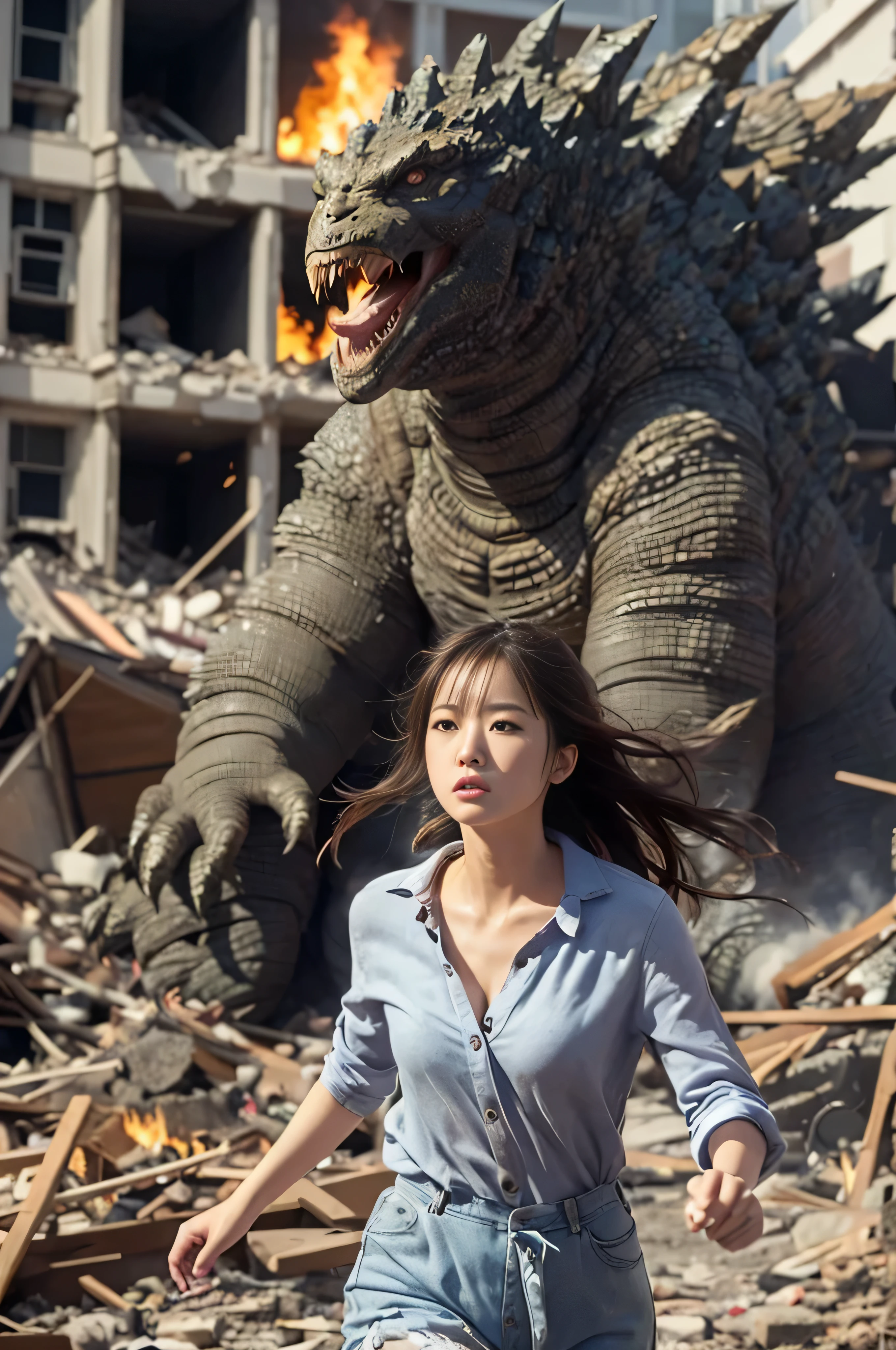 movie heroine "godzilla godzilla". A Japanese woman desperately runs away from Godzilla in devastated Los Angeles.., , messy hair, Tattered pilot suit, torn clothes, cleavage, running through the rubble. crumbling building, burning flame, explosion、white skin, smooth skin, (amazingly beautiful face:1.4), be familiar with, realistic, 8k.
negative prompt.