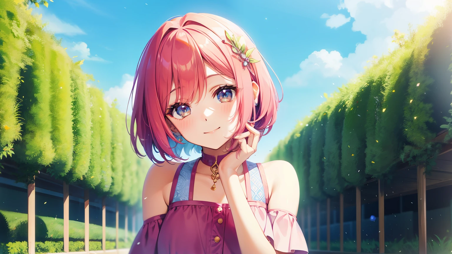 lacus4, (Anime girl, short hair, cute, masterpiece, sitting, 4K, Best Quality, Anime style: 1.9, cheerful smile, (ultra detailed head), (garden, sunny day), Drawing lines, high resolution, lacus4), 1girl, Solo, (Anime style), short hair, (adorable face, big eyes), ( figure), (casual outfit), (detailed clothing), (cute hair accessory), smiling, (bright colors), detailed fingers, bare shoulders.