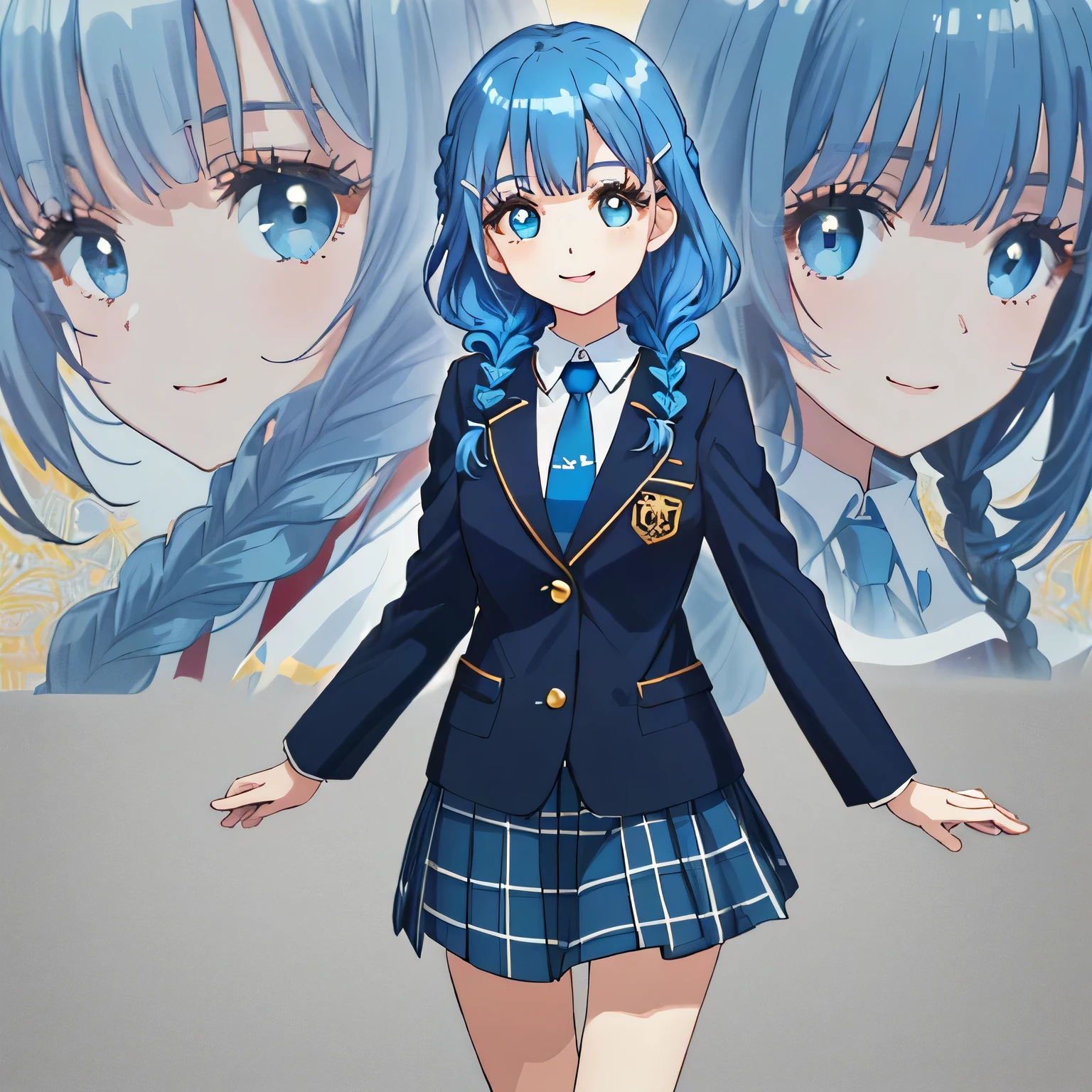 highest quality, (masterpiece:1.2), very detailed, Standing figure of a girl looking and smiling, Glossy lips that make you want to kiss, nice smile, (((Very cute big blue eyes and detailed details)), (((blue hair))), , long braids, big shiny hair clip, school uniform, Dark blue and navy plaid skirt, white shirt, Luxurious navy blazer with a golden patch on the left chest, big school ribbon tie, very shiny hair、laughter、bright look、Your face and hair shine in the light, The corners of the eyes are drooping, Cute braids, I'm so happy I can jump up, The expression of a maiden in love, (((Twin braided hair))), The long skirt fabric has a beautiful deep blue checkered pattern.., ((A gentle and cute expression staring at the viewer)), double eyelid, ((long eyelashey lower eyelashes are also long)), ((Knees are hidden by skirt))