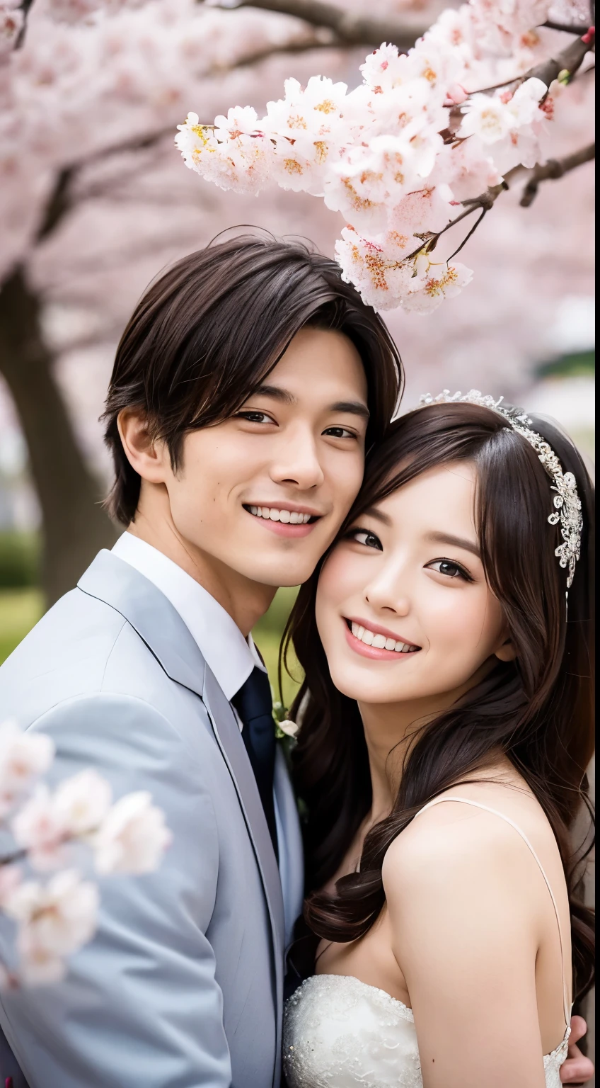 A handsome man and beautiful woman get married. Both are in their early twenties. The two looked at the camera with smiles on their faces. Japan. Cherry blossoms, Cherry blossoms落下. whole body