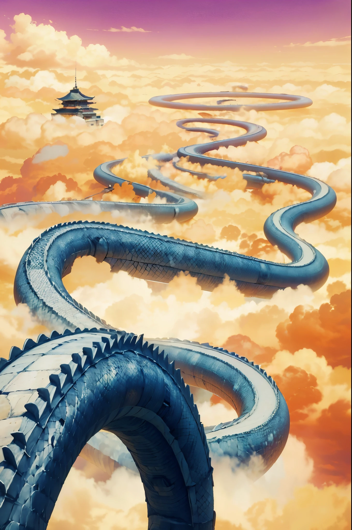 ((Aerial View)), snakeway, road, pink sky, (yellow cloud:1.3),no humans, Japanese castle,( best quality, masterpiece),light is penetrating through clouds, magnificent clouds, epic snakeway,