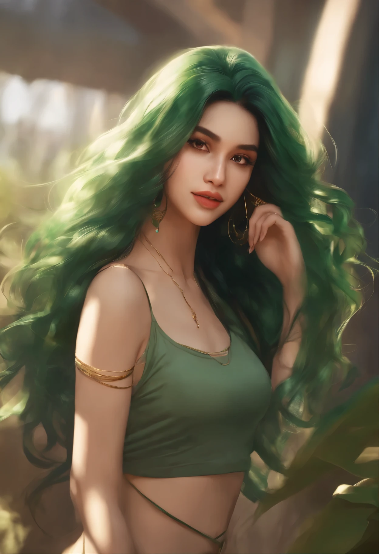 Indian girl with green hair highlights in tank top, long brown hair, in the style of hyper-realistic atmospheres, anime aesthetic, dotted, fenghua zhong, close up, light gold and dark emerald, 32k uhd --ar 9:16 --stylize 750 --v 6