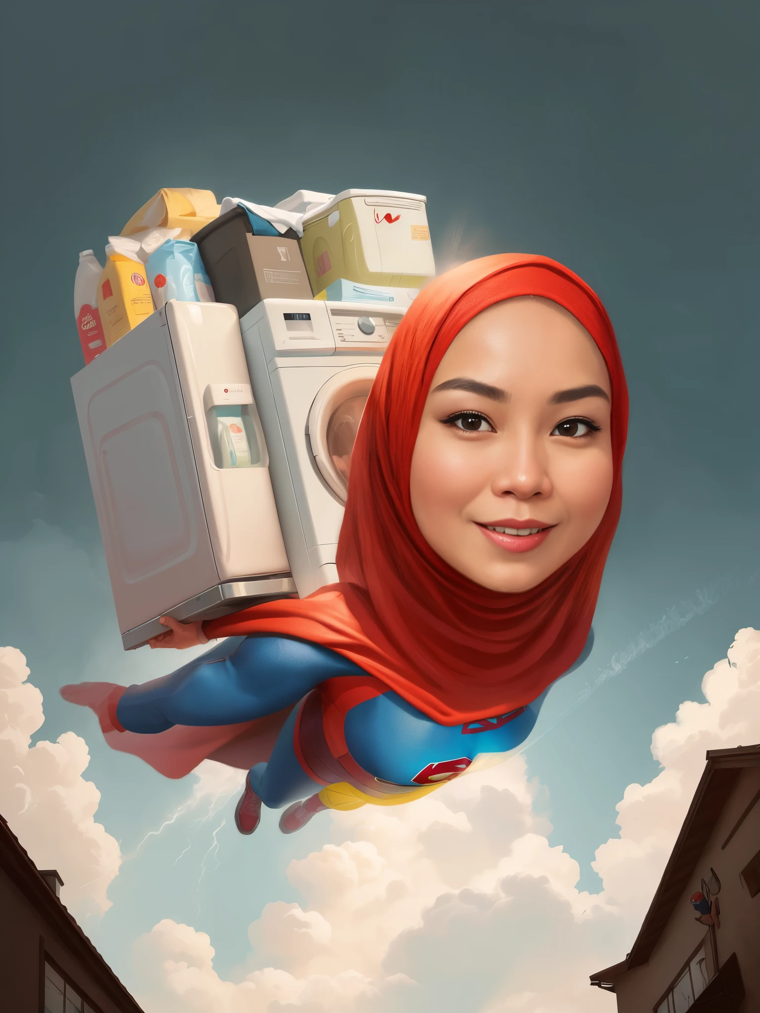 portrait of a hijab woman, wearing a super girl costume and carrying a washing machine and refrigerator on her back, releasing her powers, superhero, caricature illustration, in cartoon style, caricature style, portrait, realistic cartoon, cartoon art, an Indonesian portrait, caricature, digital art cartoon, portrait, cartoon art style, family, cartoon style illustration
