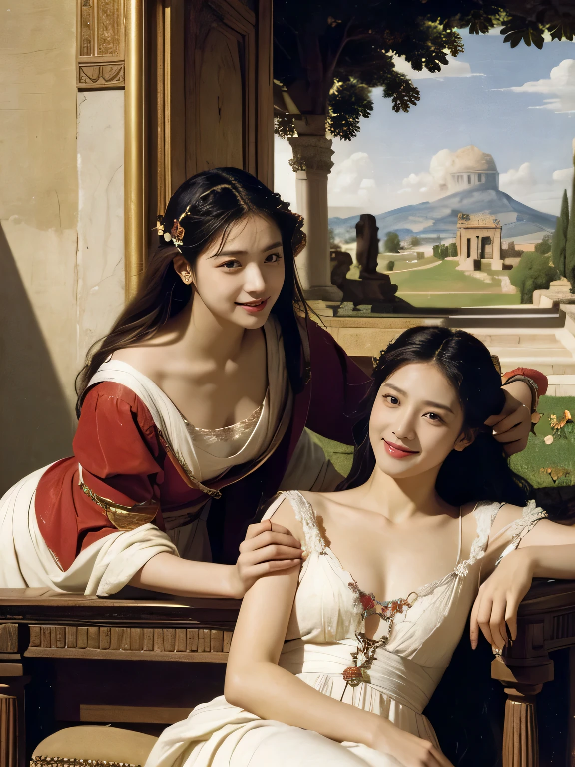 Giorgione painting style,Arguments of two female Philosophe,math、astronomical machine、astronaut、roses in vase、fruits、Cute trinkets、smile、ancient greek costume、Ancient Roman landscape in the style of Nicolas Poussin,laughter,,Sweet and seductive appearance.、Caravaggio's paintings、Chiaroscuro of Caravaggio、hair tousled by the wind,Two women frolicking,cute smile, expression of ecstasy,Sexy,erotic