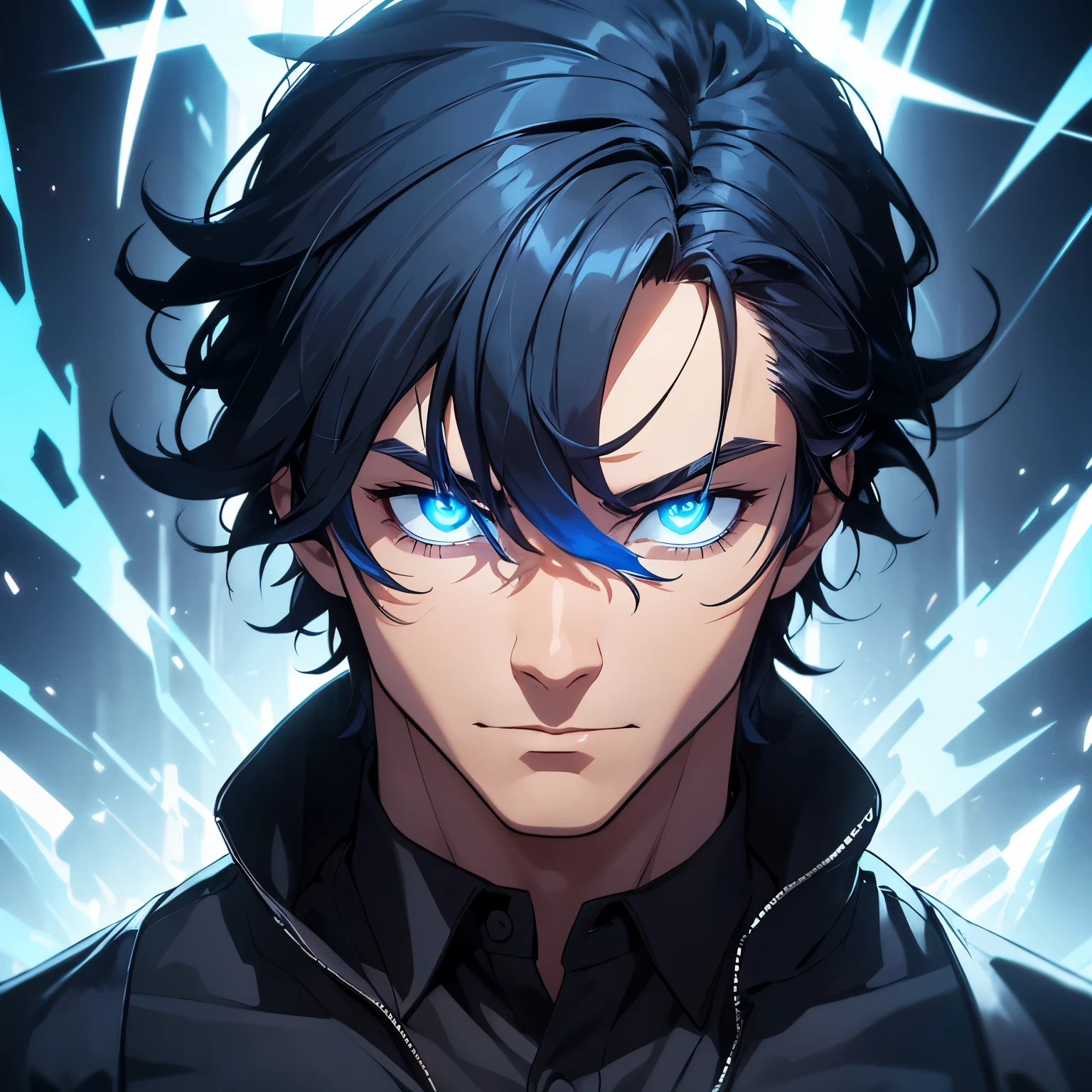 man, black silhouette, man, blue hair, blue shirt, blue eyes, glowing eyes, glowing blue eyes, combed back hair