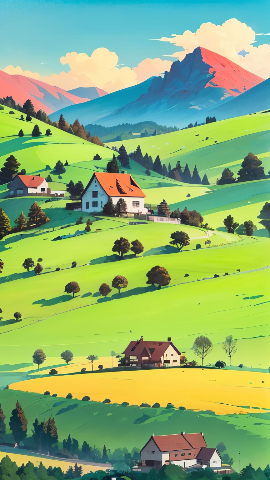 a painting of a farm with a red roof and a green hillside, anime countryside landscape, laurent durieux, by rainer hosch, detailed landscape, by Paul Lohse, by Karl Gerstner, by Armin Baumgarten, sunny landscape, by Jerry Weiss, otto schmidt, lush countryside, by Ulrich Leman, by Maurice Braun, scenery art detailed