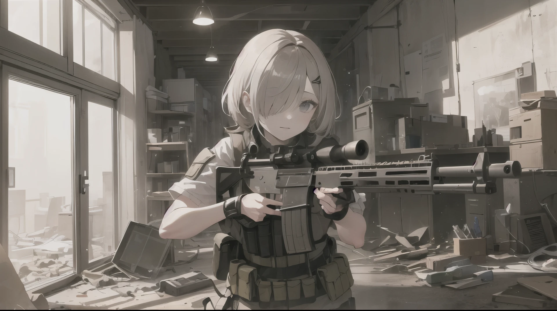 (best quality, high qualitys:1.3), 1girl, female_solo, (hair over one eye), short_hair, blonde-hair, ((tactical headset)), ((grey eyes)), ((tactical vest)), holding_weapon, holding, holding_gun, holding_rifle, rifle, assault_rifle, aiming, finger_on_trigger, gun, heckler_&_koch, mp5, street, destroyed buildings, damaged buildings, (night), (nighttime)