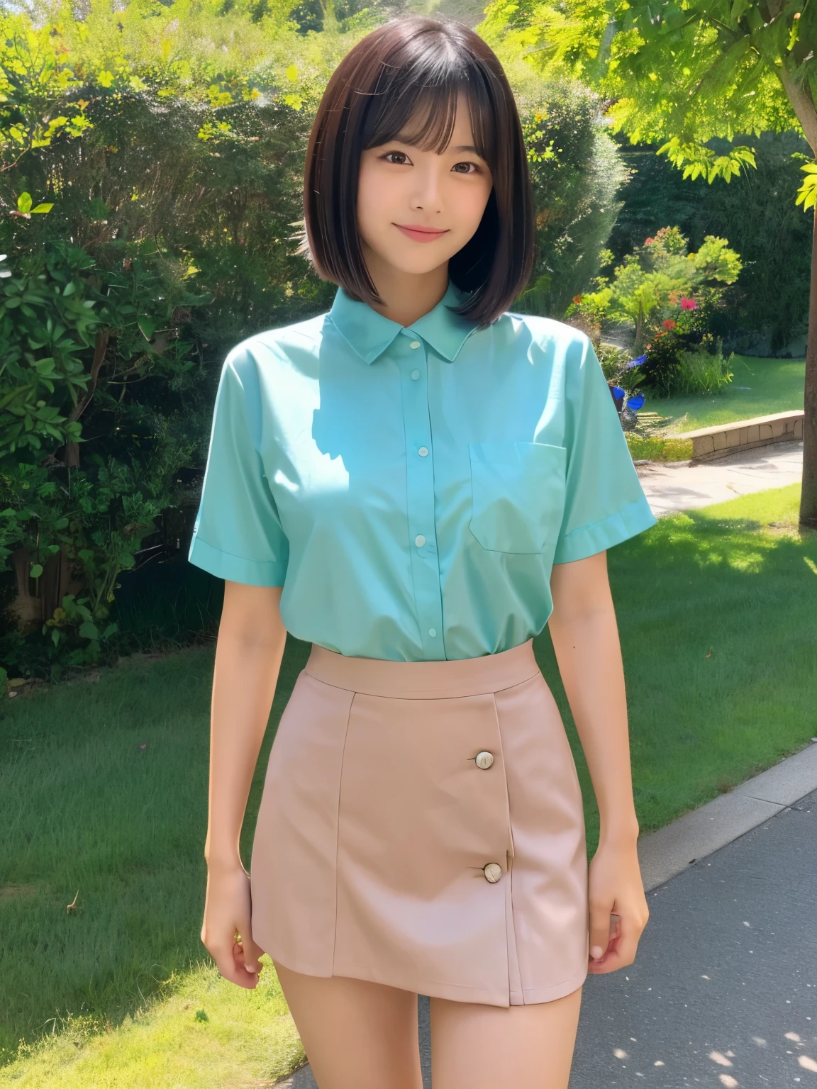 (Japanese cute girl), sexy 18 yo girl, (full body), slender thighs, (shirt), short sleeves, (skirt), outdoor, short hair,