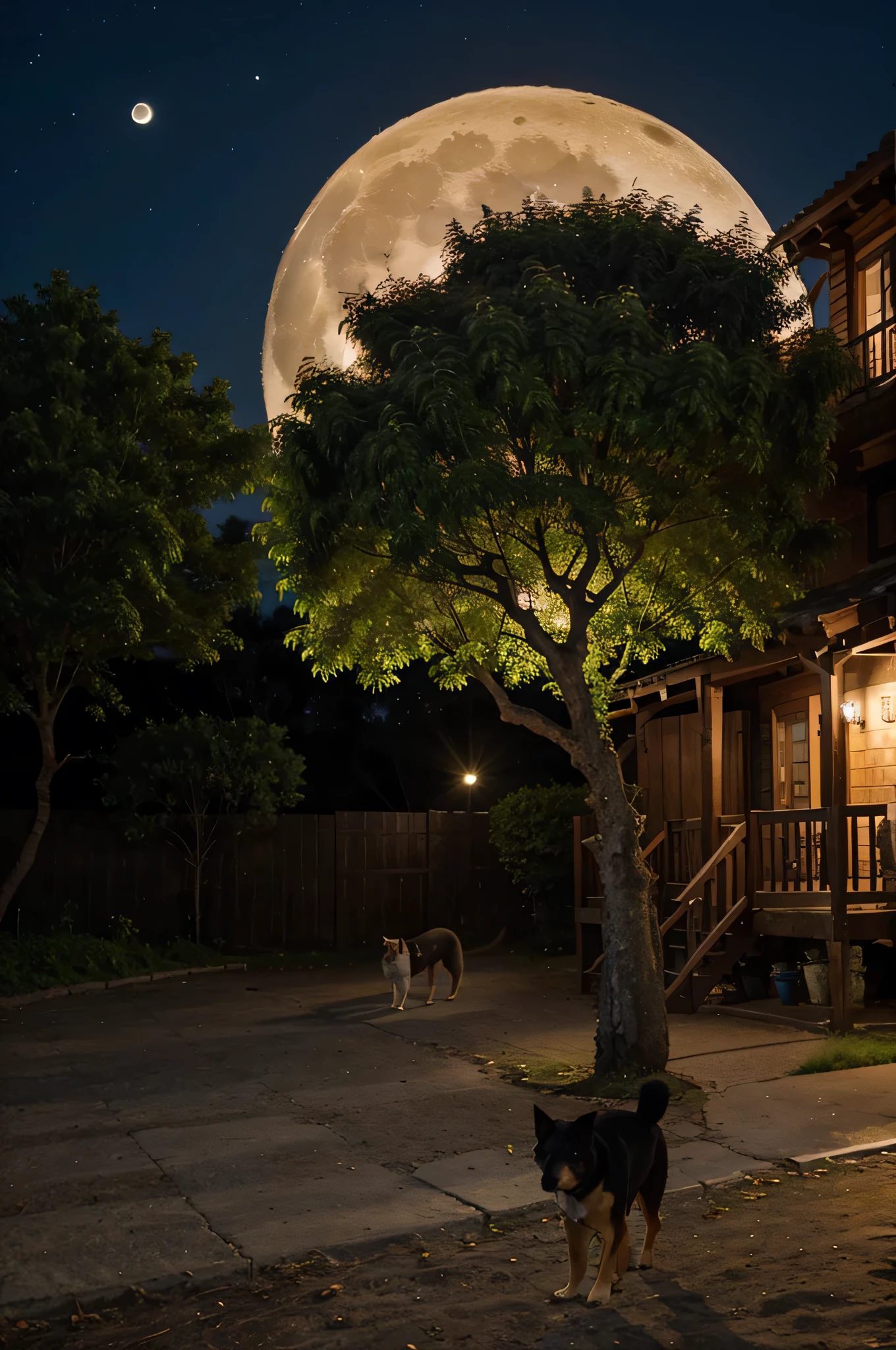Beautiful natural village night view moon night dog tree