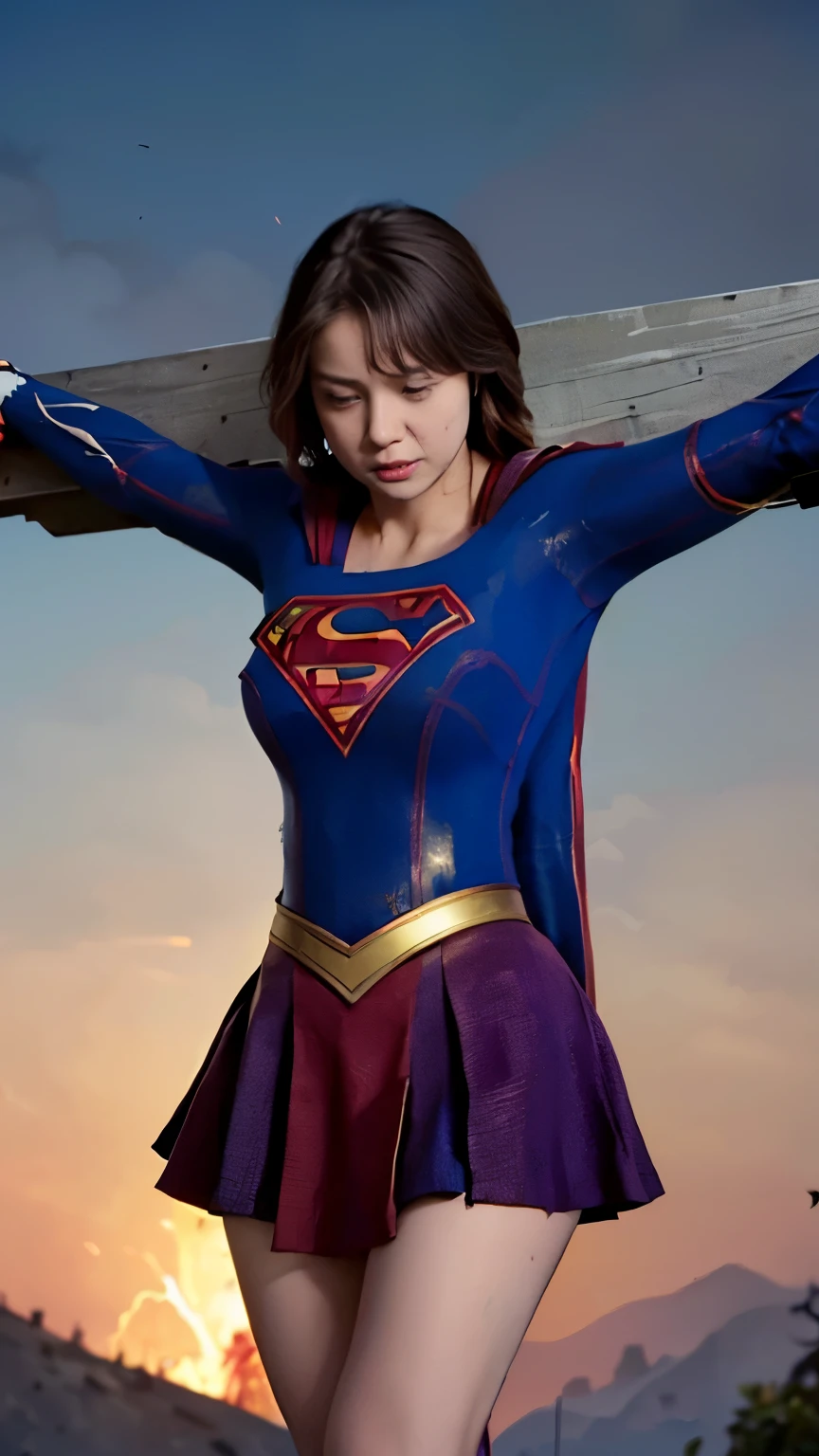 highest quality，masterpiece，UHD, Super detailed, 8K，(Beautiful woman)，(一人のBeautiful woman)，((crucifixion:1.5))，((cross))，(execution)，((incontinence))，scared，torture，slave，((crossにcrucifixionにされた女性：1.5)),crucifixion刑，((supergirl))，blue suit，Superman logo on chest，red skirt，((torn costume：1.4))，Tearing of clothes，(tattered clothes)，((bruises on body))，scars on body，Defeated heroine，a devastated world，ruins，abandoned building，(burning at the stake)，((roasted over fire：1.2))