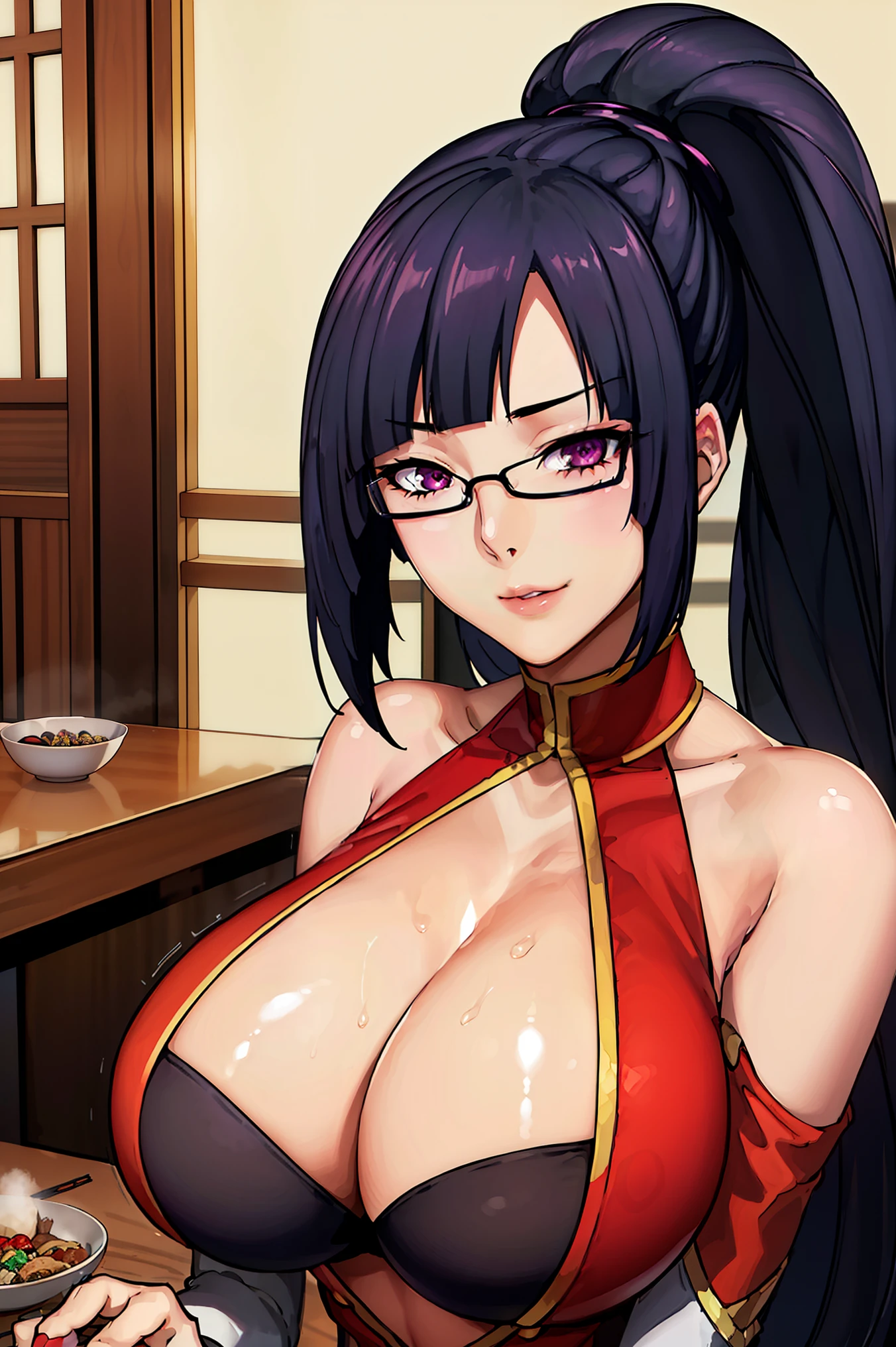 very tempting pose, sitting at table with food at it, (at chinese restaurant), (chinese restaurant background), Red dress, chinese clothes, cutout, clothing cutout, bare shoulders, semi-rimless eyewear, black hair, very long hair, ponytail,Bangs,purple eyes, 1 girl, 20yo,Young female,Beautiful Finger,Beautiful long legs,Beautiful body, Beautiful Nose,Beautiful character design, perfect eyes, perfect face,expressive eyes, perfect balance, looking at viewer,(Focus on her face), official art,extremely detailed CG unity 8k wallpaper, perfect lighting,Colorful, Bright_Front_face_Lighting,White skin, (masterpiece:1.0),(best_quality:1.0), ultra high res,4K,ultra-detailed, photography, 8K, HDR, highres, absurdres:1.2, Kodak portra 400, film grain, blurry background, bokeh:1.2, lens flare, (vibrant_color:1.2),professional photograph, (Beautiful,huge_Breasts:beautiful_face:1.5),(narrow_waist)