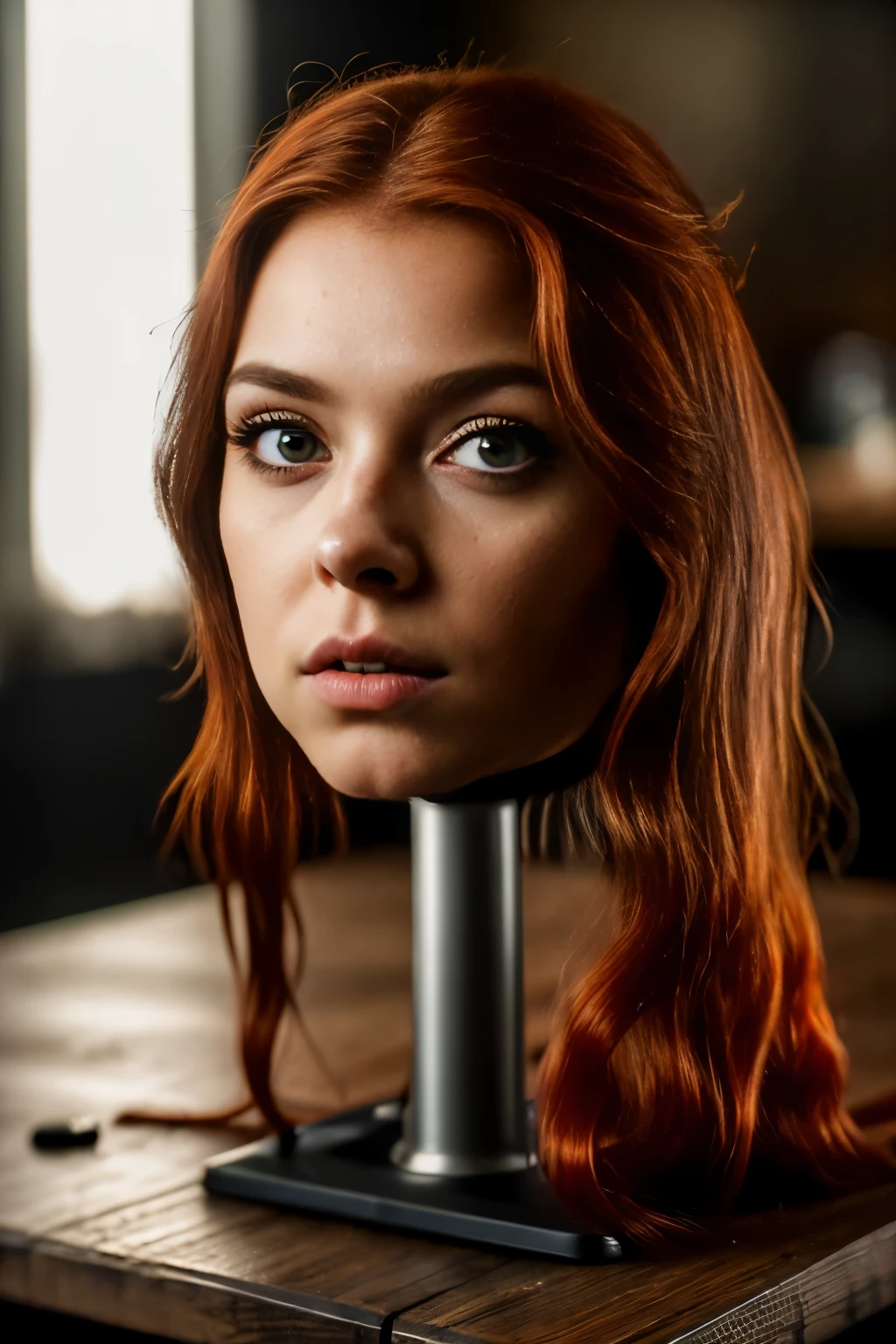 ((disembodied head on short table stand)), (masterpiece, photorealistic: 1.4), (very complex: 1.2), cinematic light, side lighting, super high definition, best shadow, RAW, attractive young European girl, wearing makeup: 1.5, long red hair, detailed face details and skin texture, detailed lips