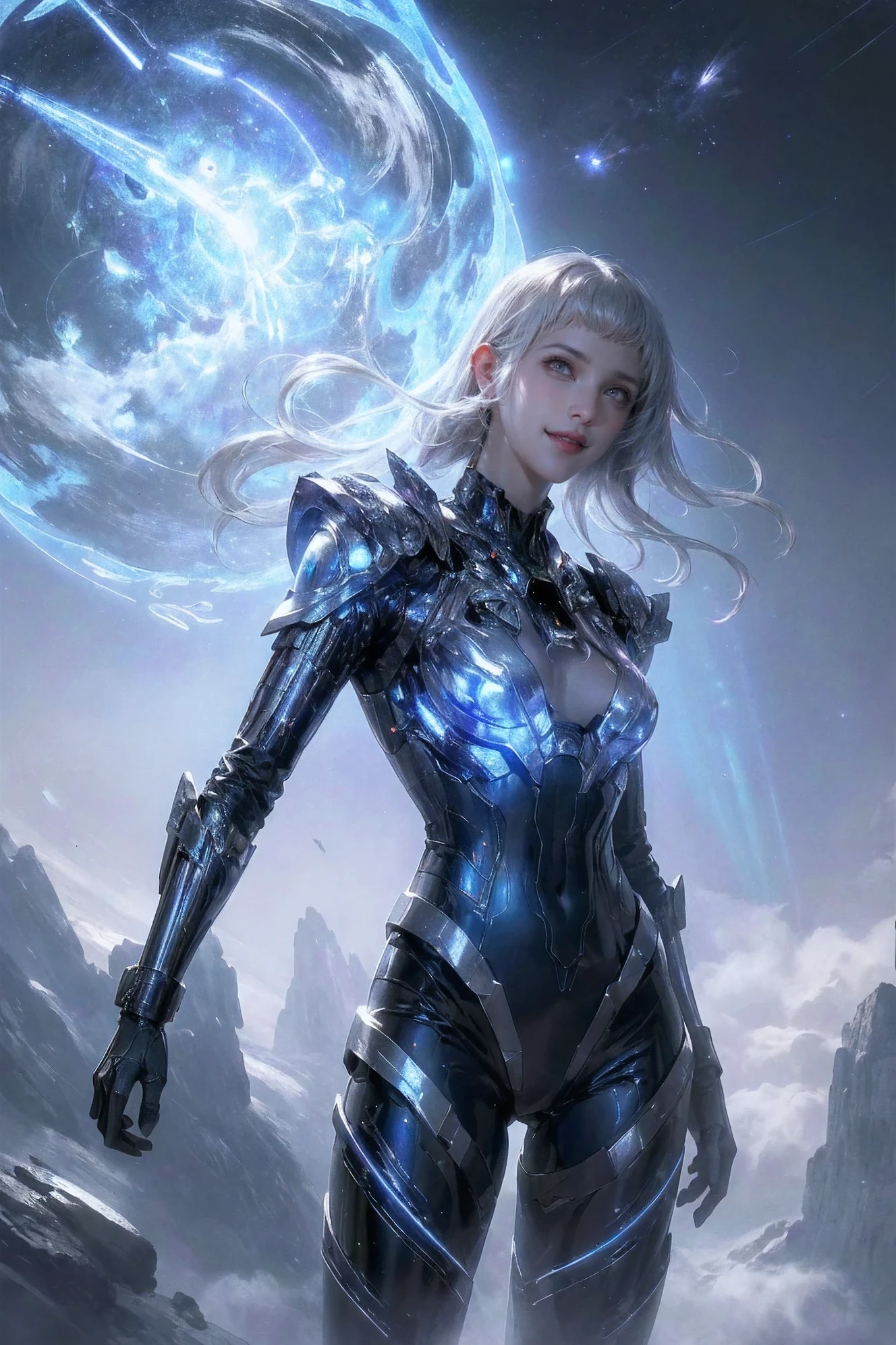 (high resolution, high dynamic range),A starship in deep space, futuristic spaceship, Gleaming metallic look, Stylish design, Intricate hull details, glowing engine thruster, Advanced technology, Vibrant Energy Shield, orbiting celestial body, Clouds in the distance, stars twinkle in the background, Smooth and polished surface, dramatic lighting, surreal atmosphere.