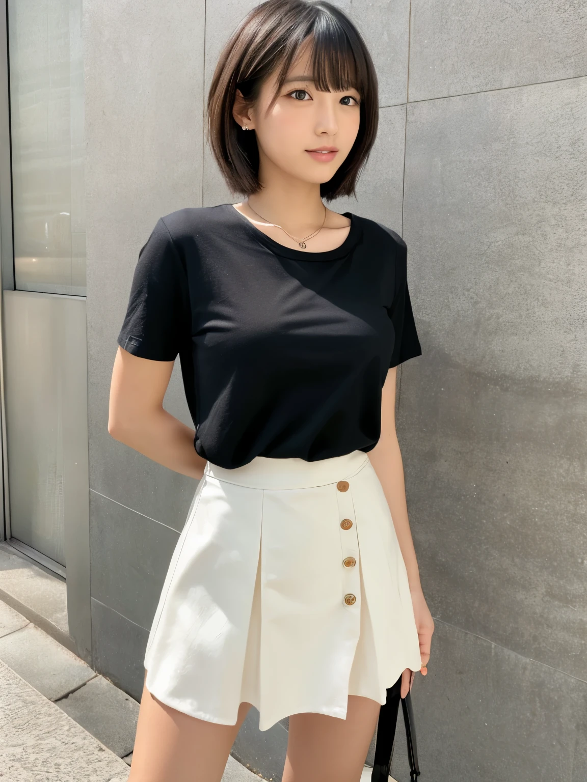 (Japanese cute girl), sexy 18 yo girl, (full body), slender thighs, (shirt), short sleeves, (skirt), outdoor, short hair,