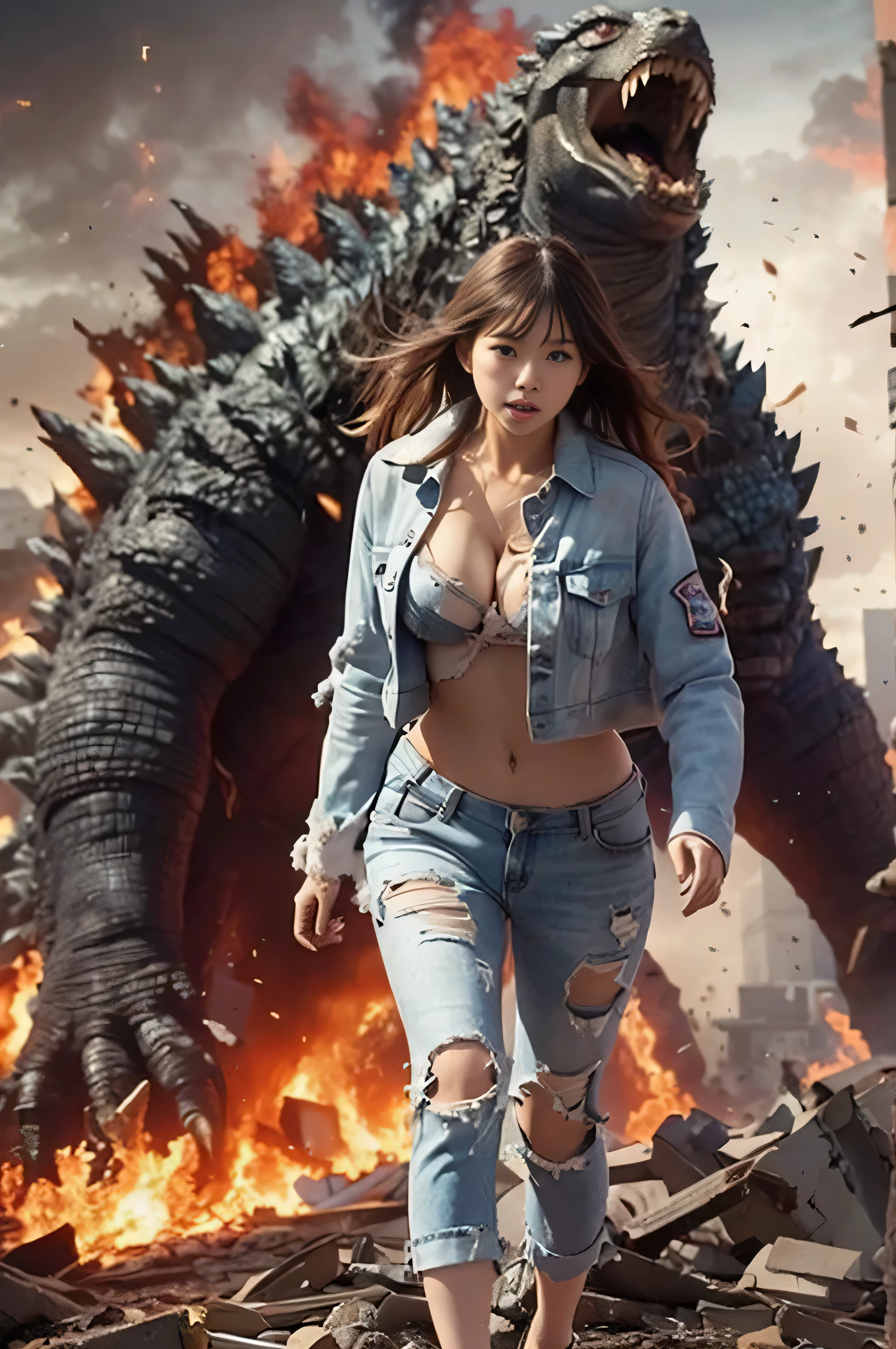 movie heroine "godzilla godzilla". A Japanese woman desperately runs away from Godzilla in devastated Los Angeles.., , messy hair, Tattered pilot suit, (torn clothes:1.4), ((cleavage:1.4)), running through the rubble. crumbling building, explosion、white skin, smooth skin, ((amazingly beautiful face:1.4)), be familiar with, realistic, 8k.
negative prompt.