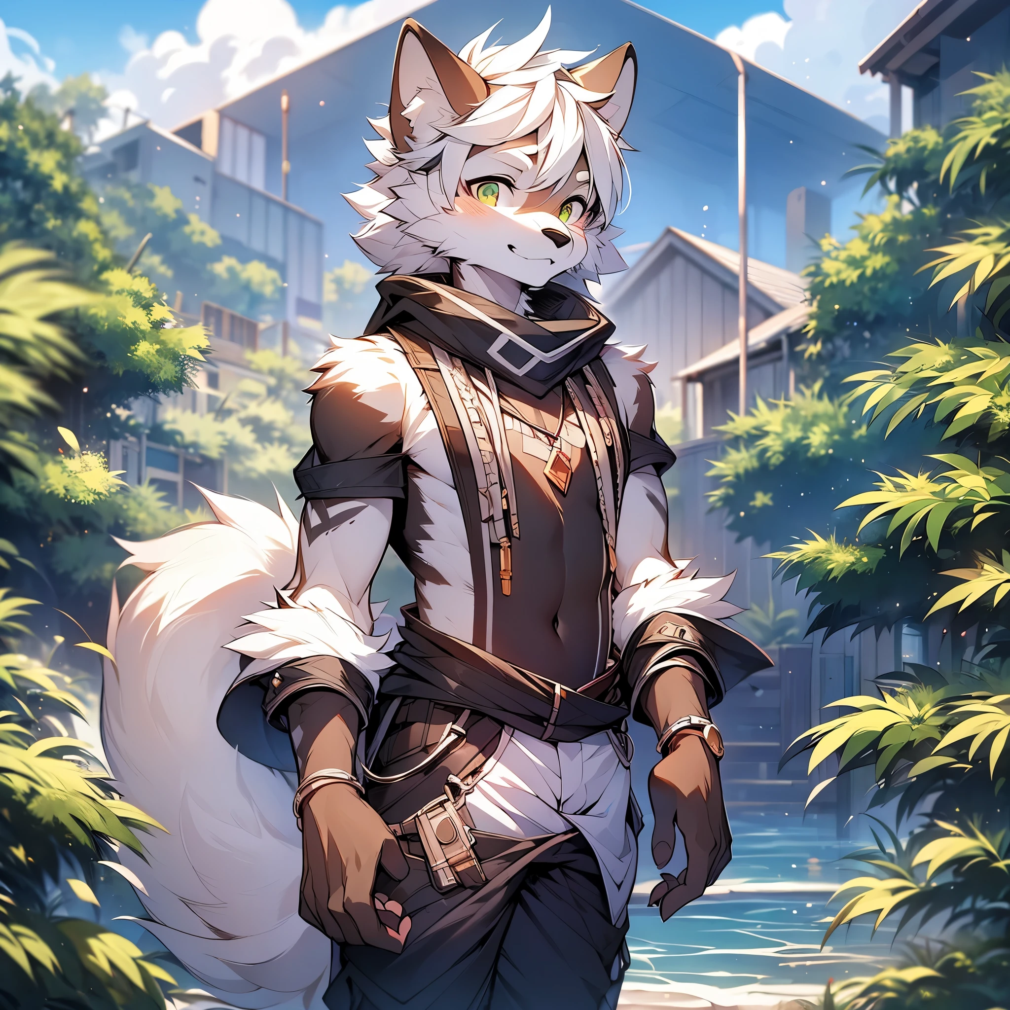 hairy,hairy wolf,white hair,male,young,Little cute,By Ruhu1145,blue eyes,wolf tail,Very detailed,gray fur,Permanently installed,solo sunshine,Sky,beautiful scenery ,summer,peaceful,shorter pants