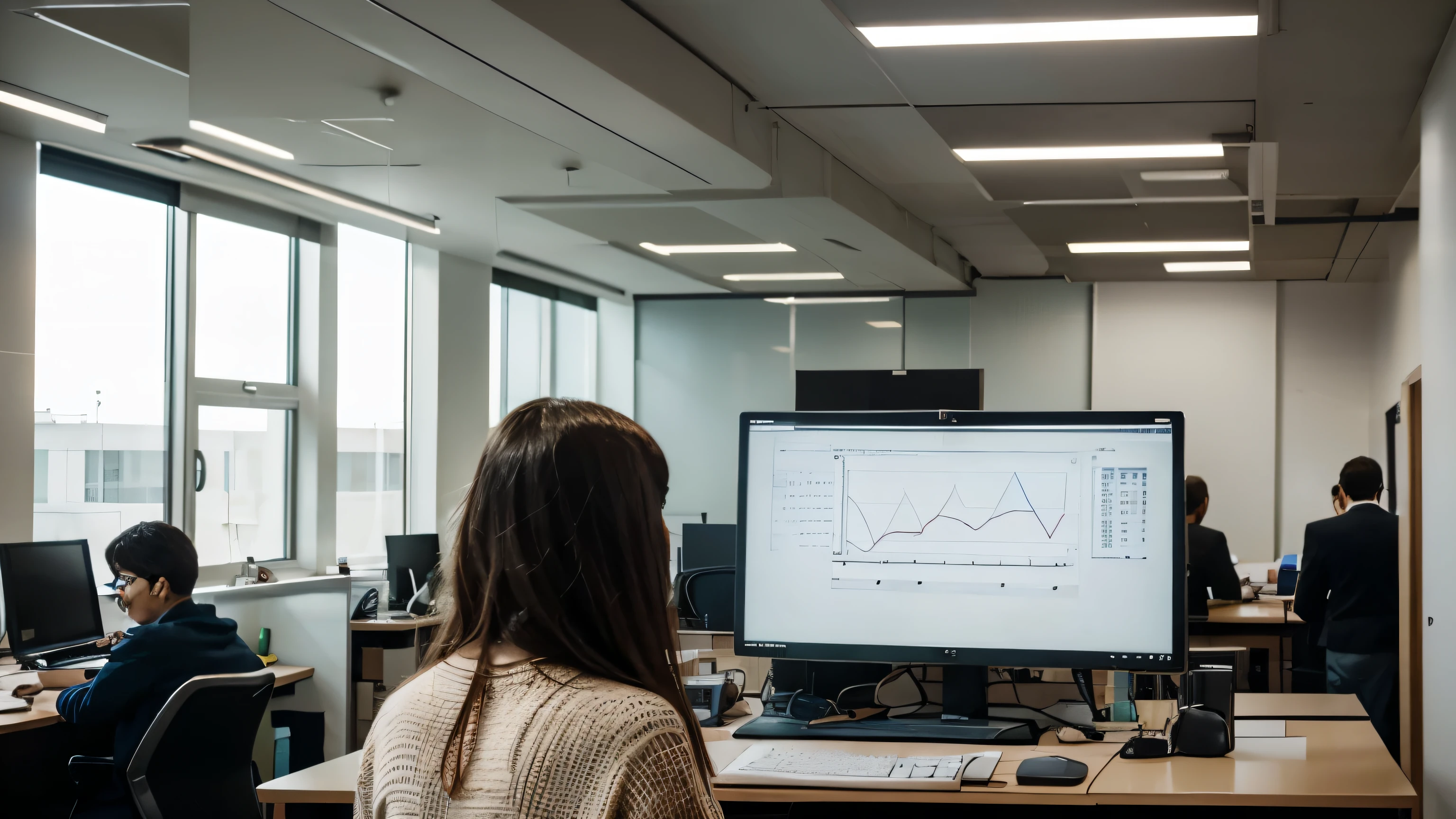 people in a large accounting office looking at the computer worried about the future