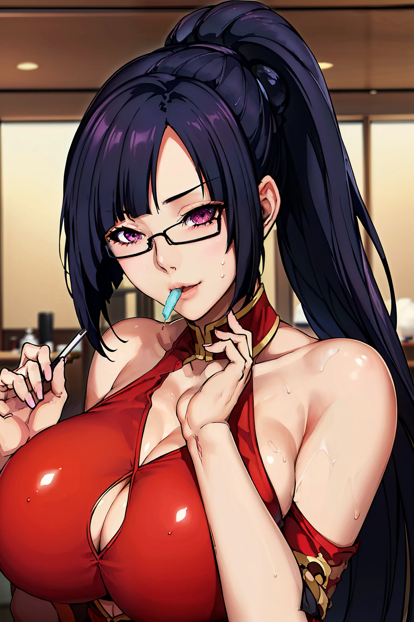 very tempting pose, (eating white ice cream), (at chinese restaurant), (chinese restaurant background), Red dress, chinese clothes, cleavage cutout, clothing cutout, bare shoulders, semi-rimless eyewear, black hair, very long hair, ponytail,Bangs,purple eyes, 1 girl, 20yo,Young female,Beautiful Finger,Beautiful long legs,Beautiful body, Beautiful Nose,Beautiful character design, perfect eyes, perfect face,expressive eyes, perfect balance, looking at viewer,(Focus on her face), official art,extremely detailed CG unity 8k wallpaper, perfect lighting,Colorful, Bright_Front_face_Lighting,White skin, (masterpiece:1.0),(best_quality:1.0), ultra high res,4K,ultra-detailed, photography, 8K, HDR, highres, absurdres:1.2, Kodak portra 400, film grain, blurry background, bokeh:1.2, lens flare, (vibrant_color:1.2),professional photograph, (Beautiful,huge_Breasts:1.4), (beautiful_face:1.5),(narrow_waist)