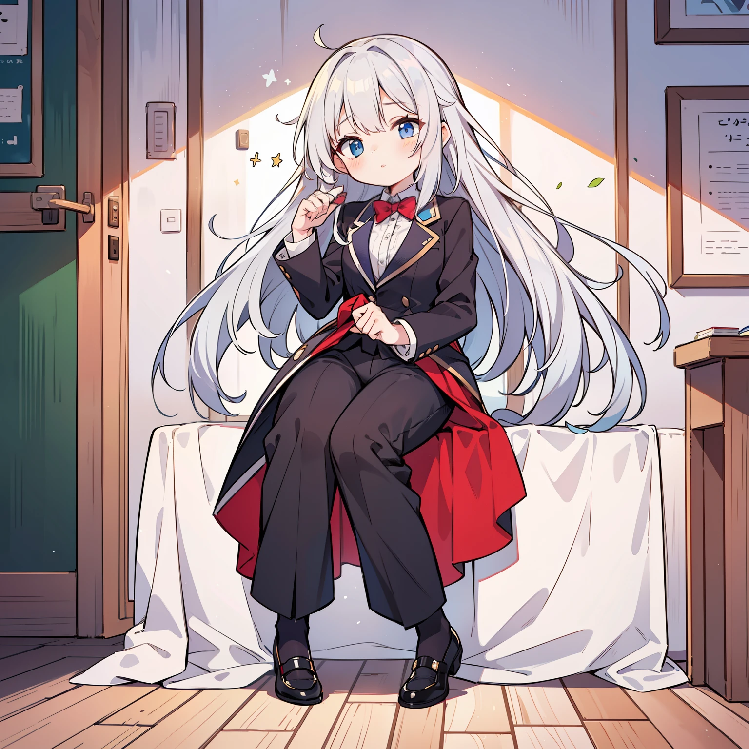 (long silver hair girl),((Are sleeping)),(Pants style with tuxedo),blue eyes,Feeling overlaid, Full body Esbian,(((solo))),(best image quality, In 8K, masterpiece, Super detailed),