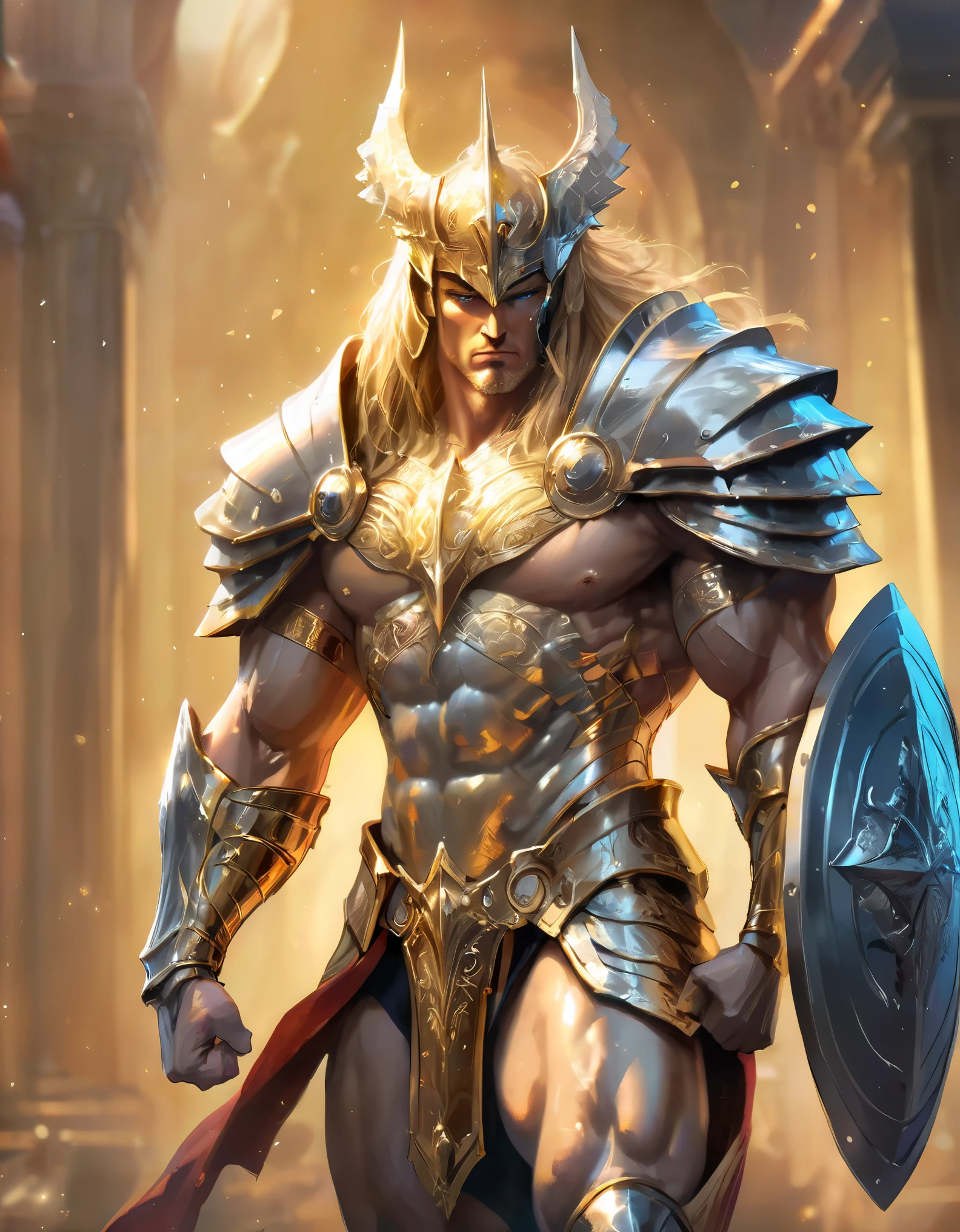 (best quality, highres:1.2), realistic, portraits, vibrant colors, dramatic lighting, detailed textures, muscled body structure, confident pose, epic background, shining armor, intricate engravings, sharp and defined features, glorious golden glow, commanding presence, majestic atmosphere, stunning artistry, professional stunning details, captivating artwork