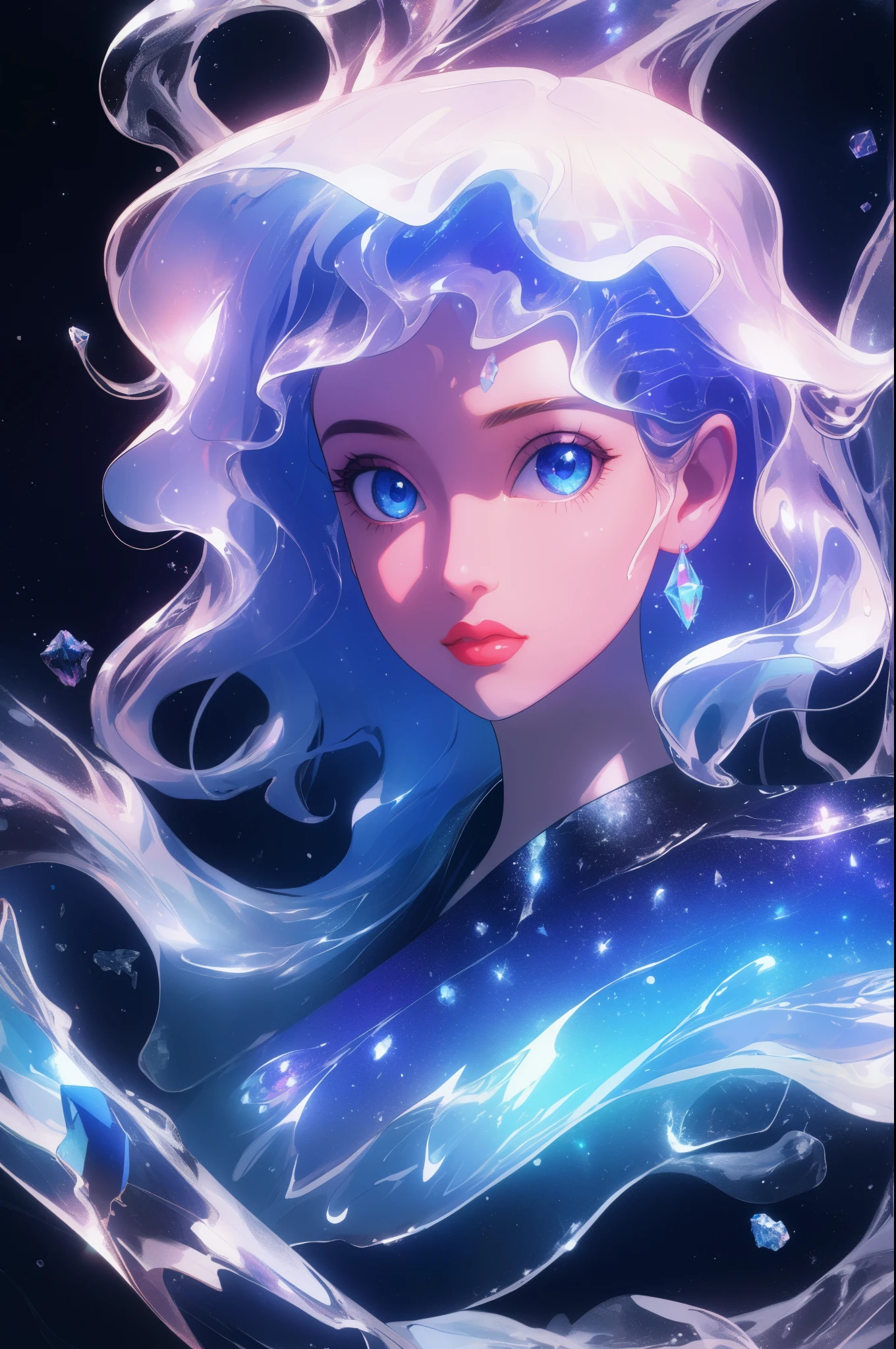 painting of a beautiful young woman., mysterious waves at night. 3d. White,shallow. The melting beauty of the universe. Surrealism in Nebula Reflections. Glass texture,translucent,crystal