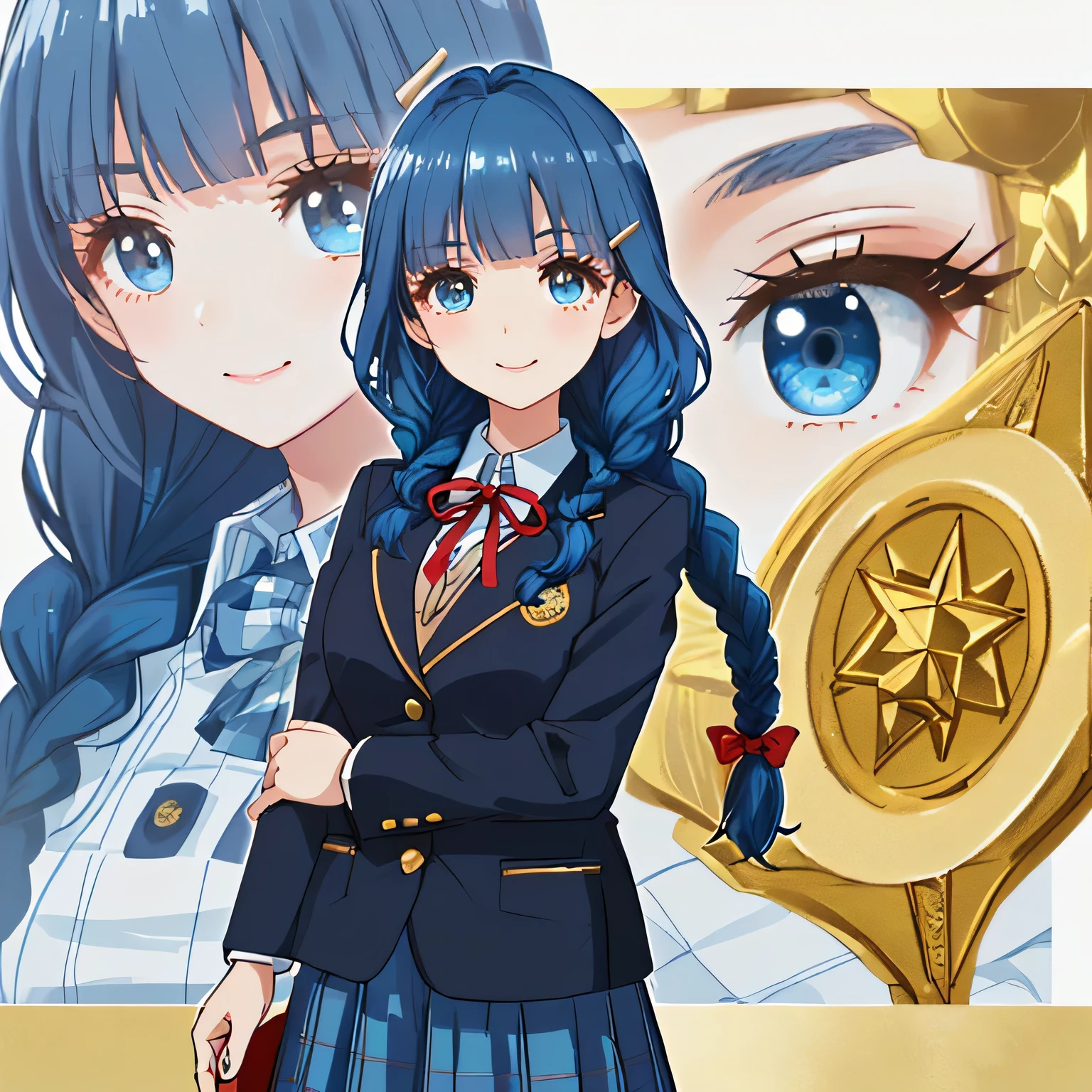 highest quality, (masterpiece:1.2), very detailed, A standing figure of a girl looking at me and smiling, Glossy lips that make you want to kiss, nice smile, (((Very cute big blue eyes and detailed details)), (((blue hair))), 13 years old, long braids, big shiny hair clip, school uniform, Dark blue and navy plaid skirt, white shirt, ((Luxurious navy blazer with a golden patch on the left chest)), big school ribbon tie, very shiny hair、laughter、bright look、Your face and hair shine in the light, The corners of the eyes are drooping, Cute braids, The expression of a maiden in love, (((Twin braided hair))), The long skirt fabric has a beautiful deep blue checkered pattern.., ((A gentle and cute expression staring at the viewer)), double eyelid, ((long eyelashey lower eyelashes are also long)), ((bust is not big))