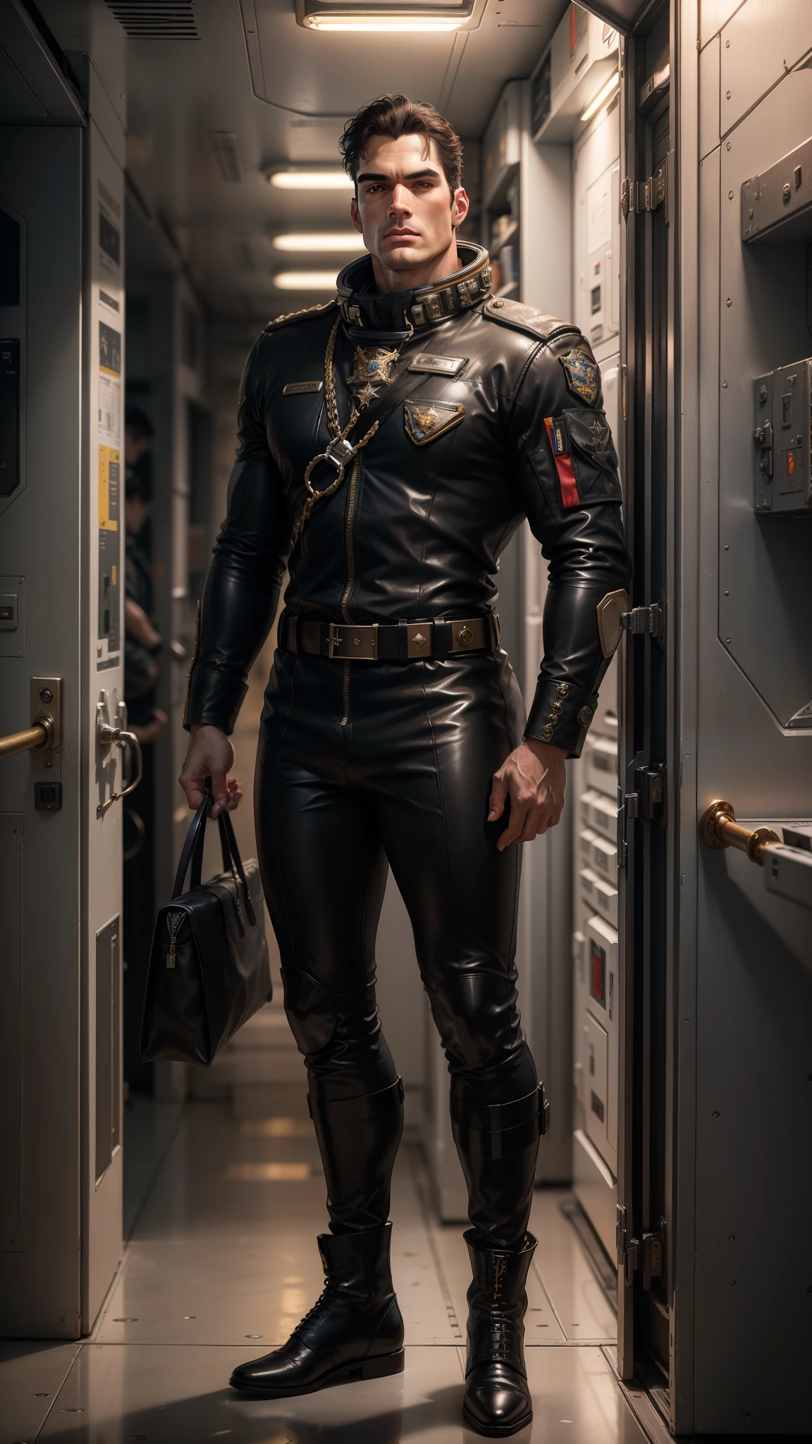 ((photorealism, high quality, detail, masterpiece, best quality:1.2)), (full body, full height) European strongman (40 years old), (appearance of Henry Cavill) attractive facial features,black short hair and gray eyes, strong build, tanned skin, (((black military flight suit (uniform) made of fabric (leather))), flight heavy boots, ship commander ((Admiral of the Space Fleet)), advanced spacecraft, dynamic composition, bright colors, sci-fi atmosphere,