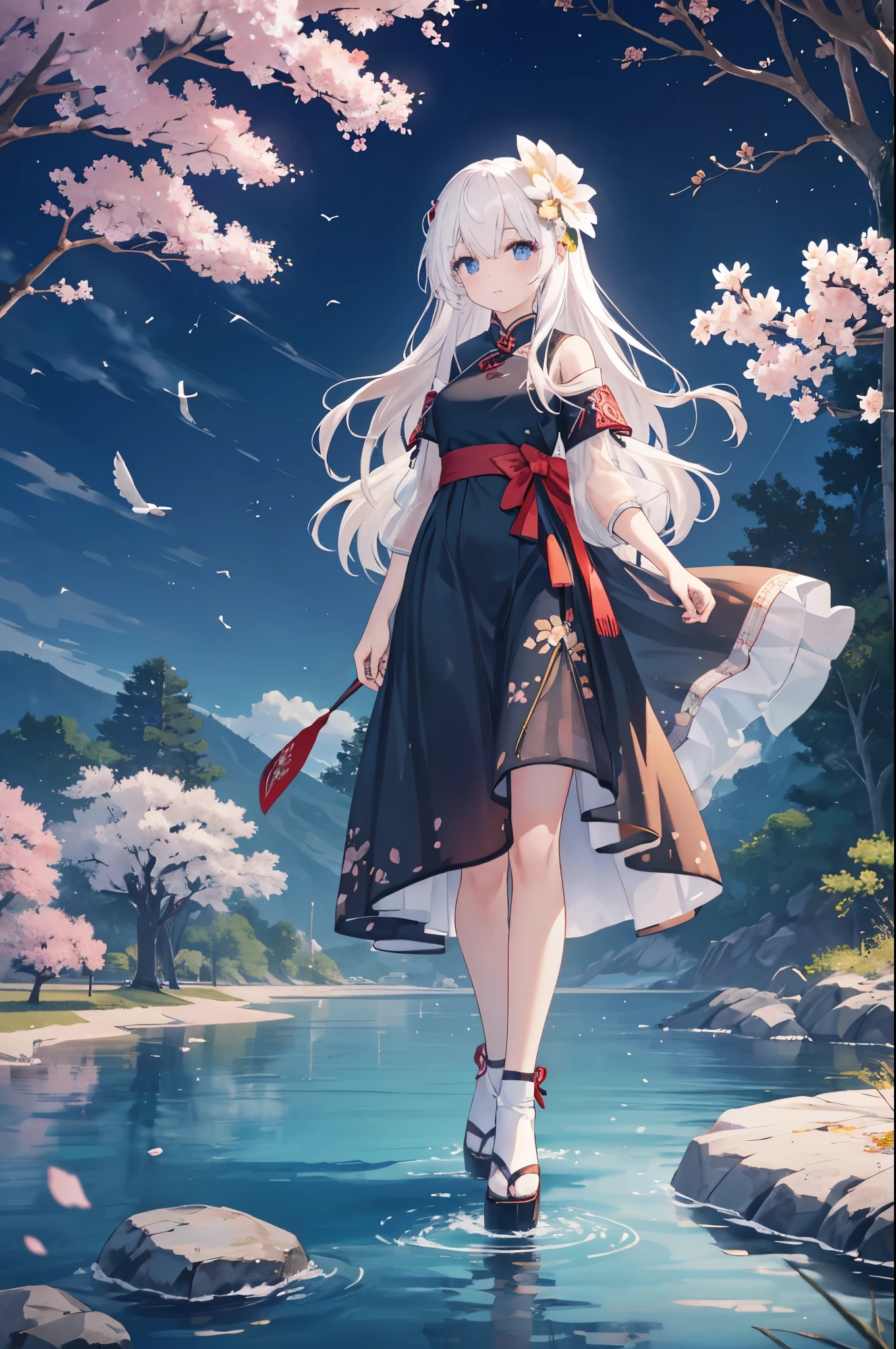 top quality, ink painting style, Fresh and elegant, clear lake water, Cherry blossoms fall with the sunset，stand，white hair，blue eyes, Black cheongsam golden pattern girl, Ride the flower wind to blow your head, A forest dotted with green leaves, birds singing happily, poetic scene