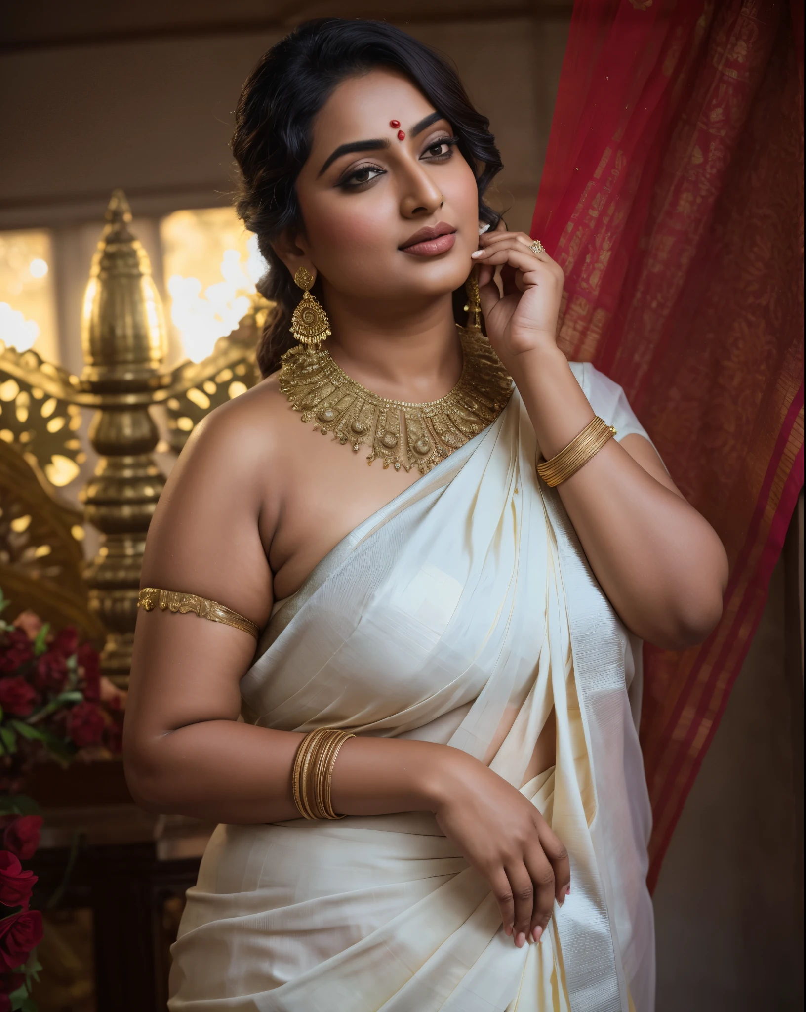 Foto RAW, photorealistic, photography, full body shot, master shot, goddess like beauty, perfect thick chubby mallu Desi aunty bhabhi, Wearing a Stanapatta, a chest-band.Saree model, model Photography, Indian saree shoot, Indian traditional wear advertising photography, traditional wear brand shoot, face of Indian actress Sonakshi Sinha, masterpiece, realistic, realism, incredible details,  pleasure, photorealism, detailed skin, skin pores, high contrast, photorealistic Artstation 8k HD digital art trend of high definition and detailed realistic skin texture, ultra detail, realistic skin texture, armature, best quality, ultra high definition, (photorealistic:1.4),, high resolution, detail, raw photo, Re sharp, by Lee Jefferies Nikon D850 Film Stock Photo 4 Kodak Portra 400 Camera F1.6 Lens Rich Color Ultra Real Realistic Realistic Textures Dramatic Lighting Unreal Engine Trending at Art Station Cinestill 800,(pele altamente detalhada: 1.2), 8k UHD, DSLR, soft-lighting, alta qualidade, grain of film, Fujifilm XT3,she didn't like to wear blouse or bra, she  happy to wear only saree, she hates blouse or bra,