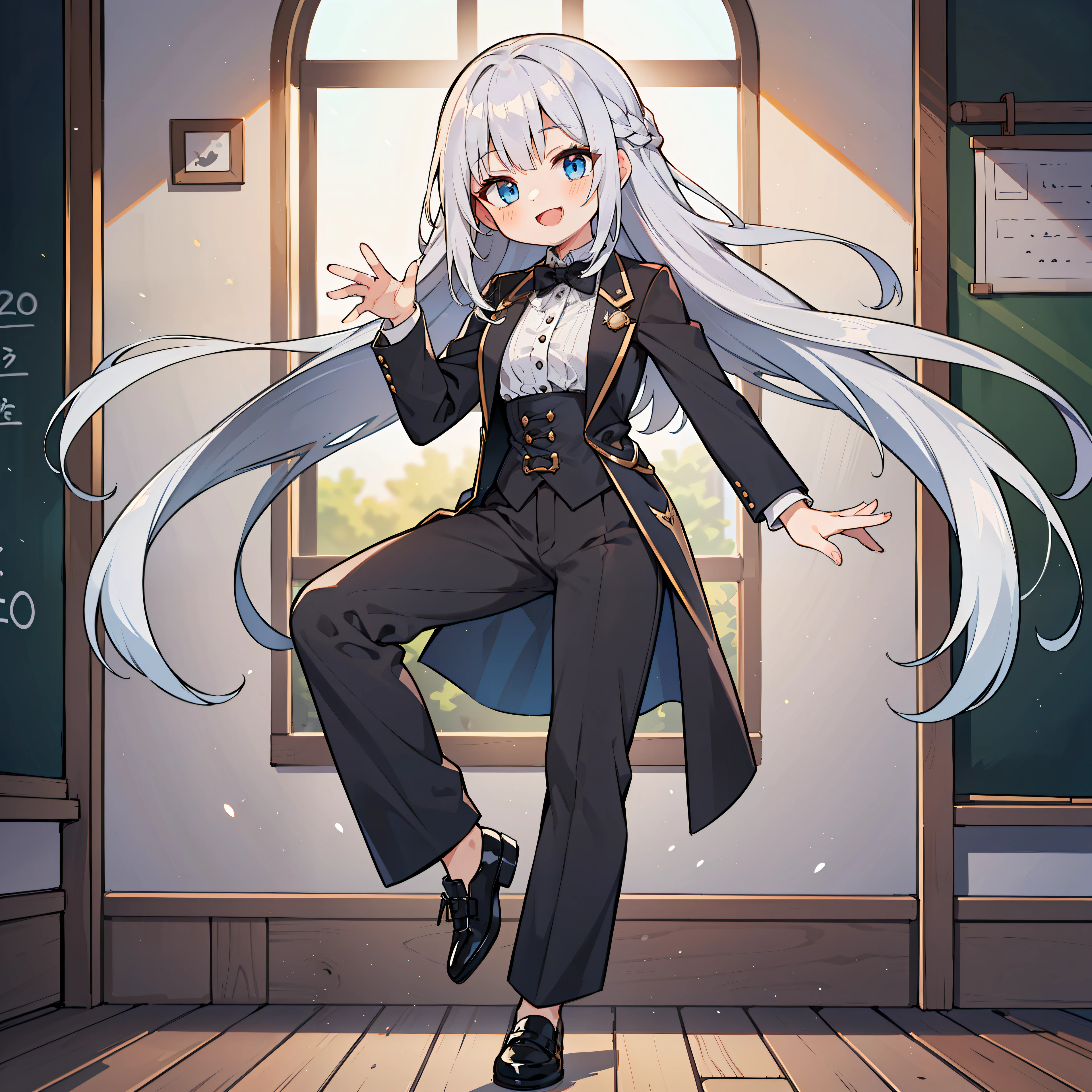 (long silver hair girl),((teach a class)),(Pants style with tuxedo),blue eyes,open your mouth, dull smile, Full body Esbian,(((a bit))),(alone),(best image quality, In 8K, masterpiece, Super detailed),