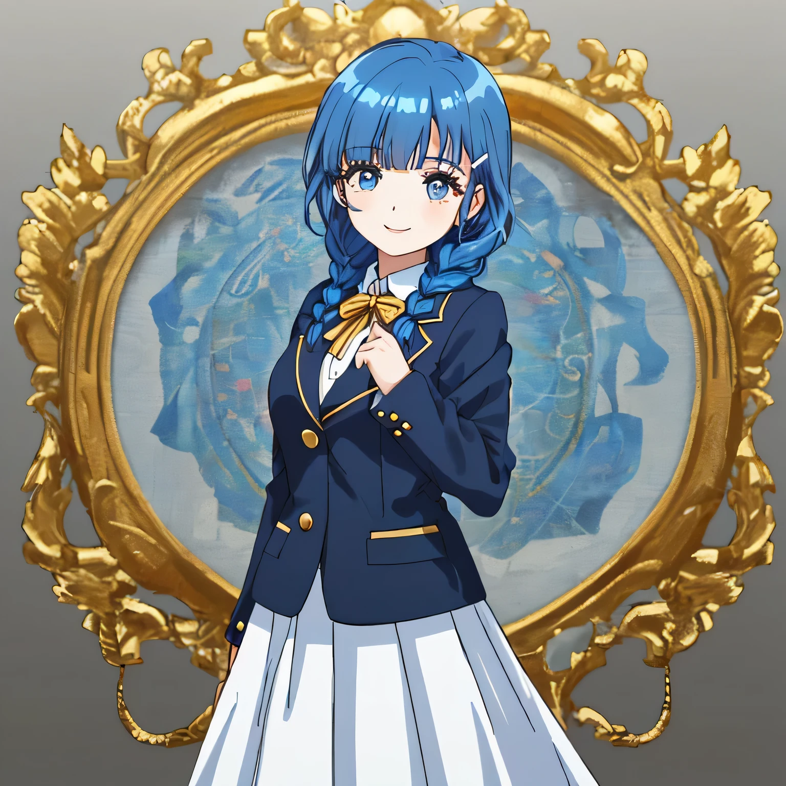 highest quality, (masterpiece:1.2), very detailed, A standing figure of a girl looking at me with a gentle and cute expression and smiling., Glossy lips that make you want to kiss, nice smile, (((Very cute big blue eyes and detailed details)), (((blue hair))), , long braids, big shiny hair clip, school uniform, Dark blue and navy plaid skirt, white shirt, ((Luxurious navy blazer with a golden patch on the left chest)), big school ribbon tie, very shiny hair、laughter、bright look、Your face and hair shine in the light, The corners of the eyes are drooping, Cute braids, The expression of a maiden in love, (((Twin braided hair))), The long skirt fabric has a beautiful deep blue checkered pattern.., double eyelid, ((long eyelashey lower eyelashes are also long)), ((bust is not big)), the background is pure white