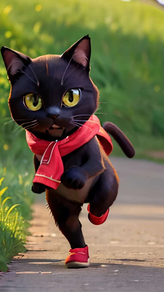 (High resolution, CG art, 8k, wallpaper, masterpiece, highest quality, art by designerarathon event, cute black cat, Black cat running on two legs, red muffler)), grassland, Sunny, bright sunshine, lots of strawberries, chocolate,running shoes, sneakers, 