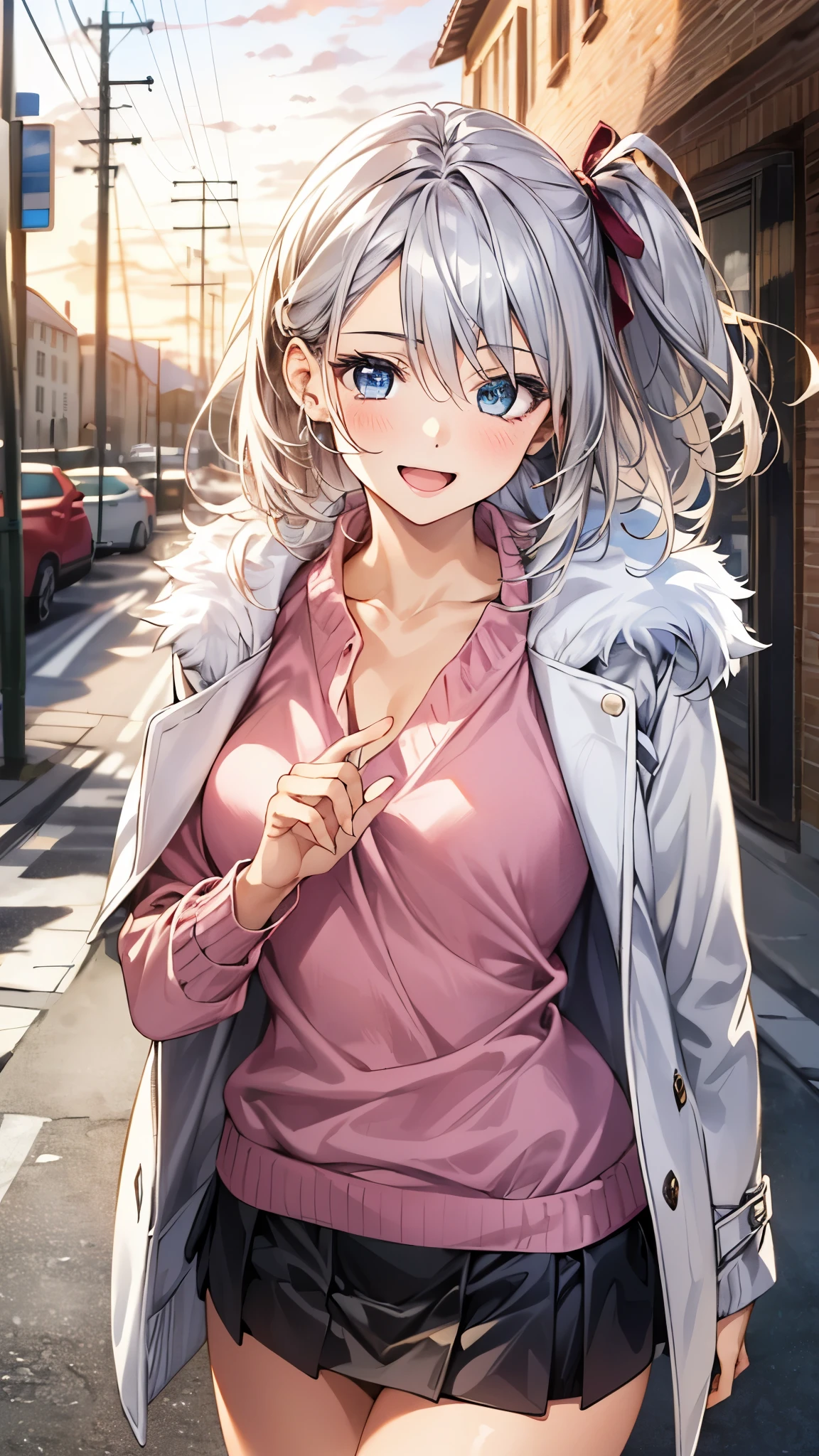(masterpiece:1.3, highest quality), Ultra-high resolution, Super detailed, (Realistic, photoRealistic:1.4), Beautiful illustrations, Perfect lighting, colorful, Depth of written boundary,
View your viewers, 1 girl, alone, high school girl, Perfect Face, (Perfect Anatomy, Anatomically correct), Cute and symmetrical face, Baby Face, Shiny skin, ,
(Middle Hair:1.5, (Both sides up:1.2), Silver Hair), Hair between the eyes, Big eyes, blue eyes, Long Eyelashes, (Medium chest), thin, Dark red hair ribbon,
Beautiful Hair, Beautiful Face, Highly detailed face, Beautiful fine details, Beautiful clavicle, Beautiful body, Beautiful breasts, Beautiful thighs, Beautiful feet, Beautiful fingers,
((Long sleeve white fur jacket, Pink Sweater, Burberry Check Mini Skirt)),
(Beautiful views), evening, (street), Are standing, (Cute smile, Open your mouth), Nipples are visible