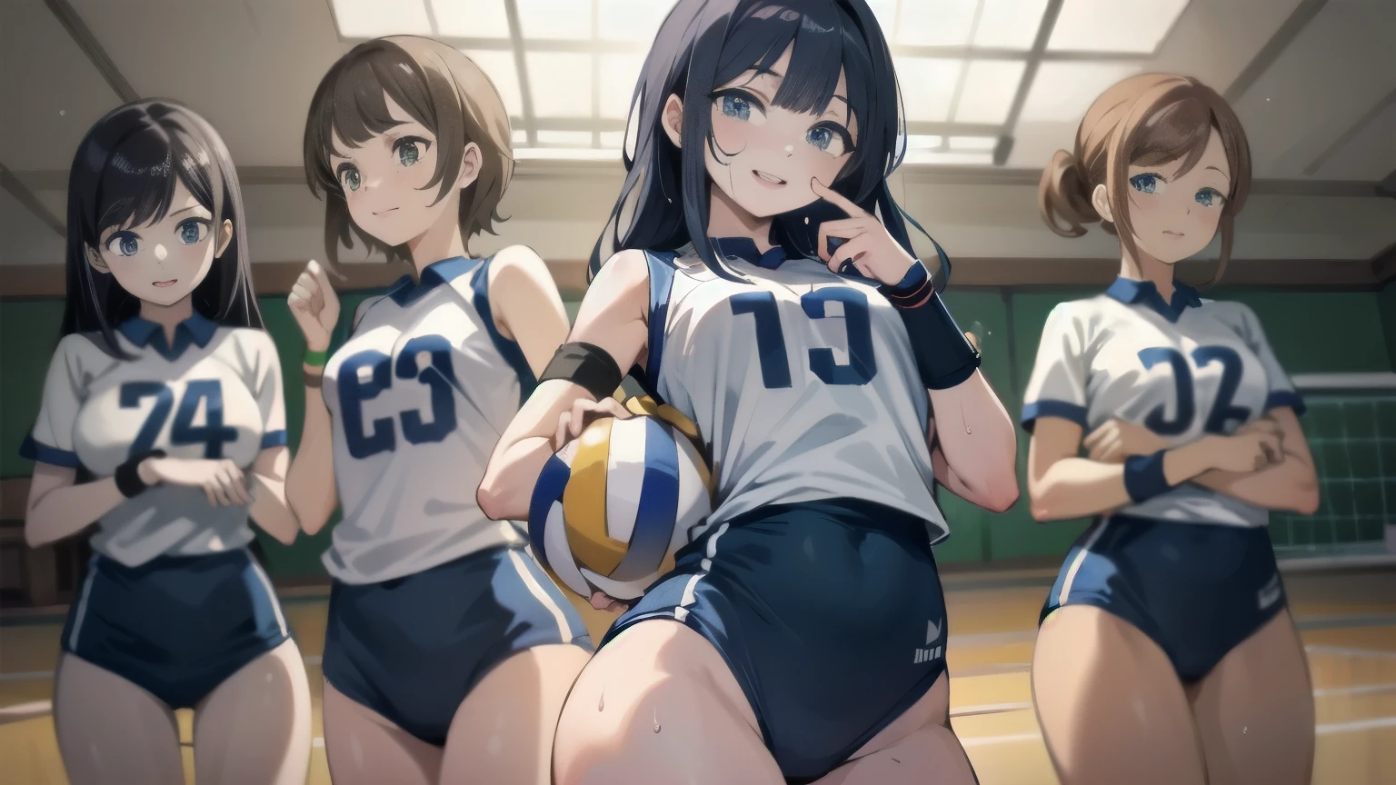 unity 8k wallpaper, anatomically correct, (((masterpiece))), (((best quality))), (((ultra detailed))), (((high-resolution))), ((super fine illustration)), ((Ultimate cutie)), ((detailed beautiful face)), perfect hands, perfect finger, (((good anatomy))), BREAK, multiple girls, lovingly gaze, harem, group picture, 17 years old, (potbelly), (Curve), medium breasts, ((thick thighs)), Shiny hair, (((coquettish smile))), (((blush))), BREAK, Adidas, Sleeveless collared Volleyball Uniforms, ((wristbands)), BREAK, (Hold the beautiful spherical 6-inch volleyball), ((Sweat)), (perspired), (Heavy breathing), in gymnasium, in volleyball court, depth of field, strong light, cowboy shot,,