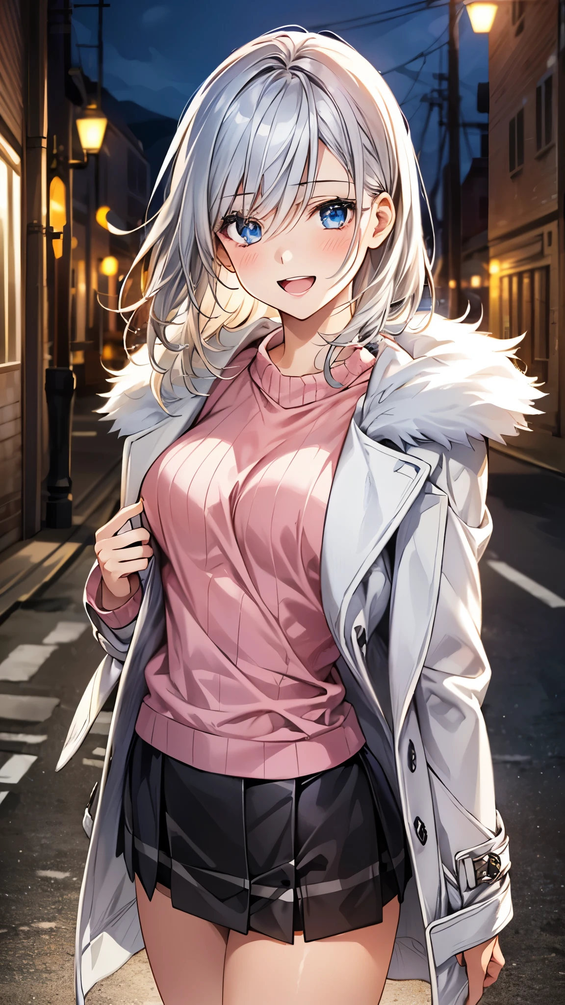 (masterpiece:1.3, top-quality), ultra high res, ultra detailed, (realistic, photorealistic:1.4), beautiful illustration, perfect lighting, colorful, depth of fields, 
looking at viewer, 1 girl, solo, high school girl, perfect face, (perfect anatomy, anatomically correct), cute and symmetrical face, babyface, shiny skin, , 
(middle hair:1.5, (two side up:1.2), silver hair), hair between eyes, big eyes, blue eyes, long eye lasher, (medium breasts), slender, dark red hair ribbon, 
beautiful hair, beautiful face, extremely detailed face, beautiful detailed eyes, beautiful clavicle, beautiful body, beautiful chest, beautiful thigh, beautiful legs, beautiful fingers, 
((long sleeve white fur jacket, pink sweater, burberry check mini skirt)), 
(beautiful scenery), evening, (street), standing, (lovely smile, open mouth), 