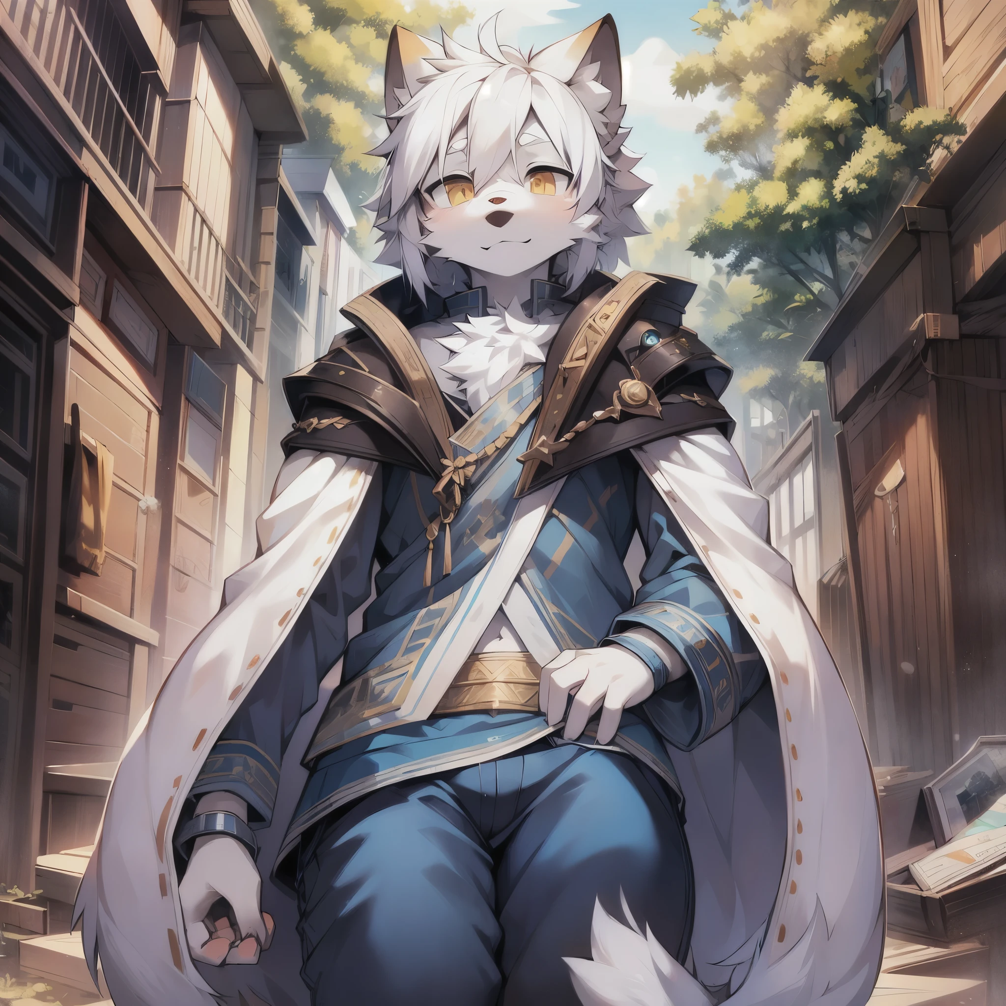 Eyes are bright,Character half-length photo,Q version,Avatar frame, Character focus,solo, hairy, hairy的公狼, Men's white fur, golden eyes, white hair(like) style,Little cute, Will be cute,Wear blue clothes and pants,There is a white wolf tail