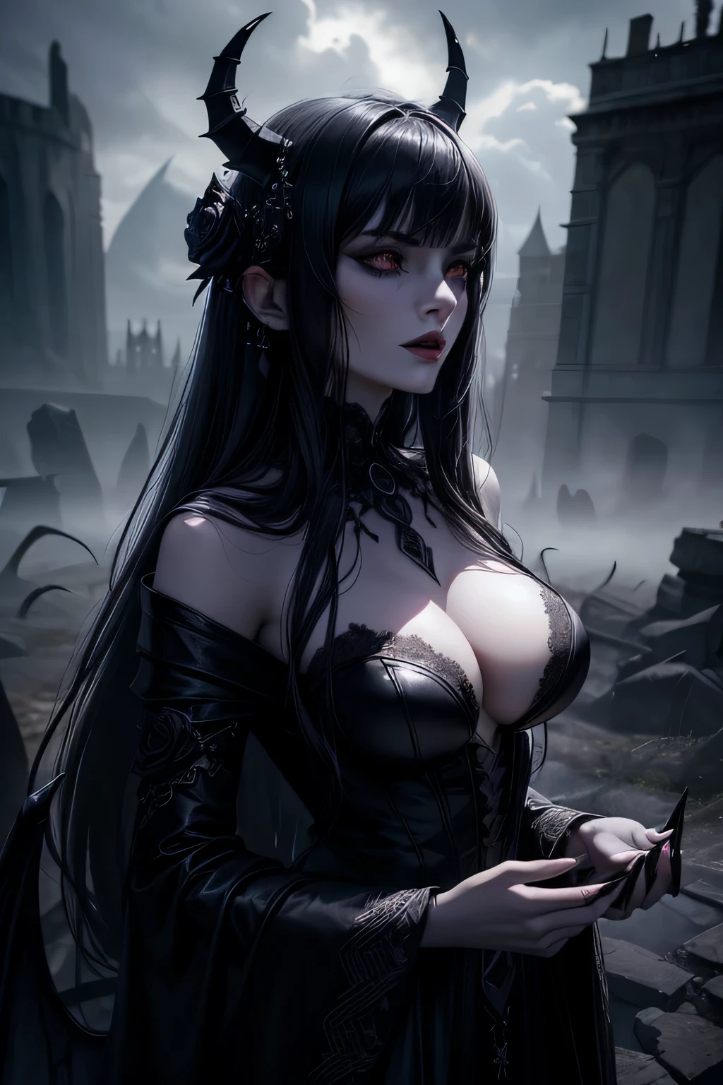 1girl,tall and slender,porcelain skin,long midnight black hair,obsidian eyes,crimson lips,sardonic malice smile,Adorned in garments of deepest black,queen of shadows chaos and destruction,(best quality,4k,8k,highres,masterpiece:1.2),ultra-detailed,(realistic,photorealistic,photo-realistic:1.37),gothic,hauntingly beautiful,ethereal,powerful,regal,venomous,witchlike,intense,stunningly fierce,devilish horns,dark wings,ominous atmosphere,darkened moonlit night,whispers of doom,crimson roses,desolate ruins,thunderous clouds,shadowy silhouettes,luminous glow of magic,ominous ethereal fog,phosphorescent spellcasting