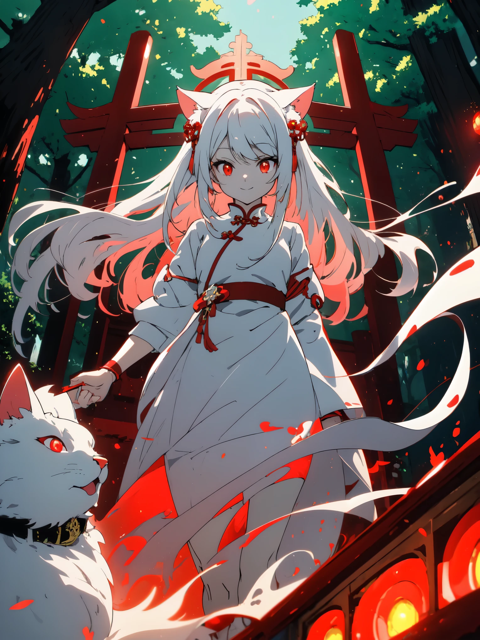 ((highest quality、masterpiece、glowing red eyes、detailed))、beautiful face、white cat ears、long white hair、red cheongsam、walking、smile anime style  、noon、Shrine precincts、beautiful anime、nature background