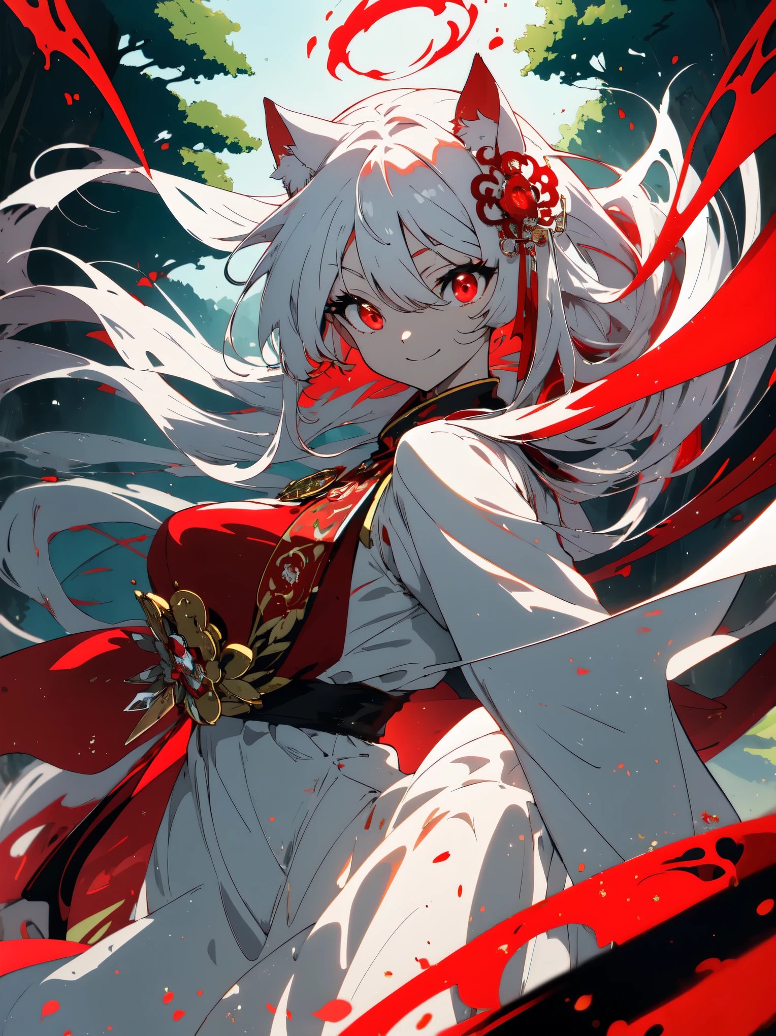 ((highest quality、masterpiece、glowing red eyes、detailed))、beautiful face、white cat ears、long white hair、red cheongsam、walking、smile anime style  、noon、Shrine precincts、beautiful anime、nature background